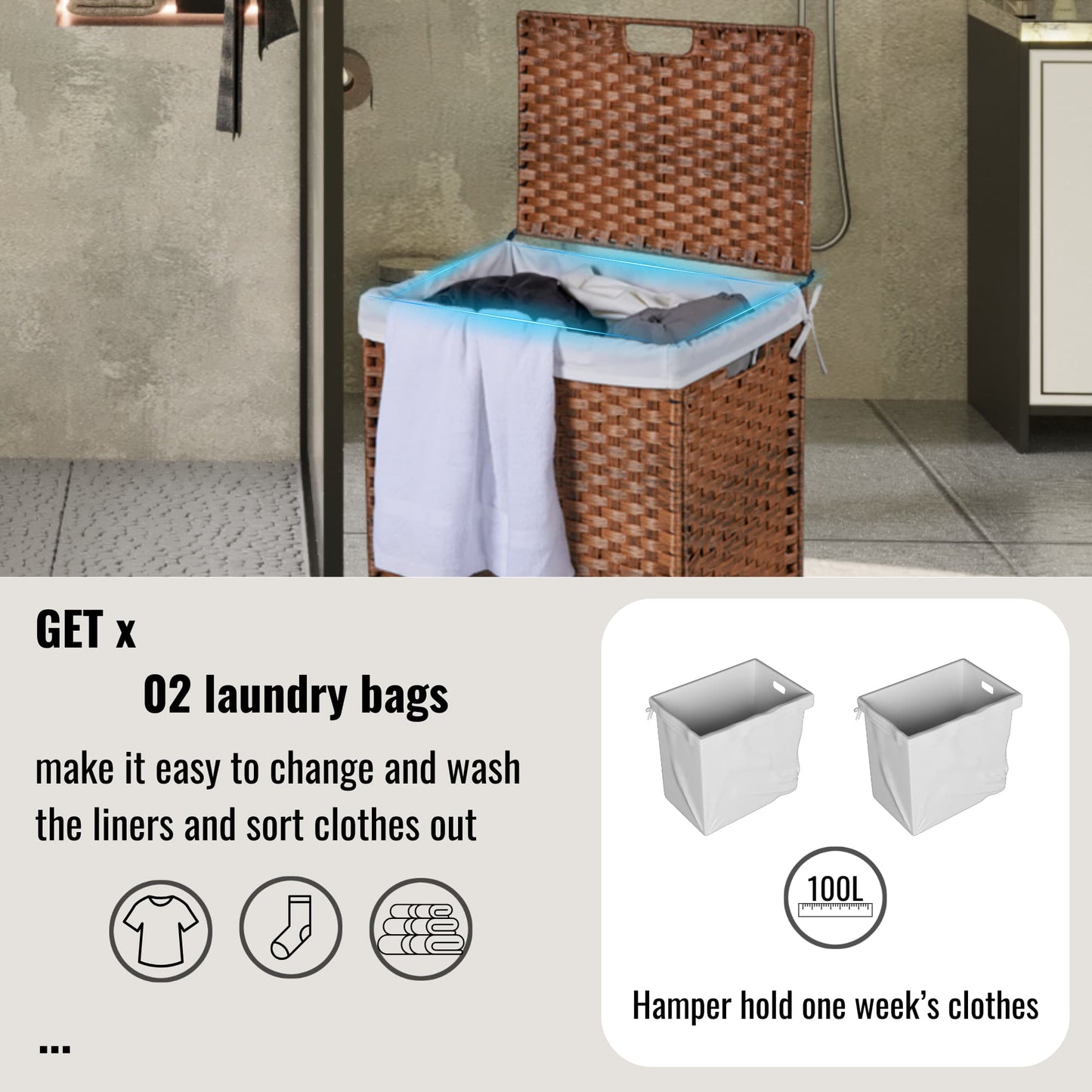 Stylish Brown Laundry Hamper With Lid, 100L Capacity, PE Rattan Frame & 2 Removable Bags For Easy Sorting