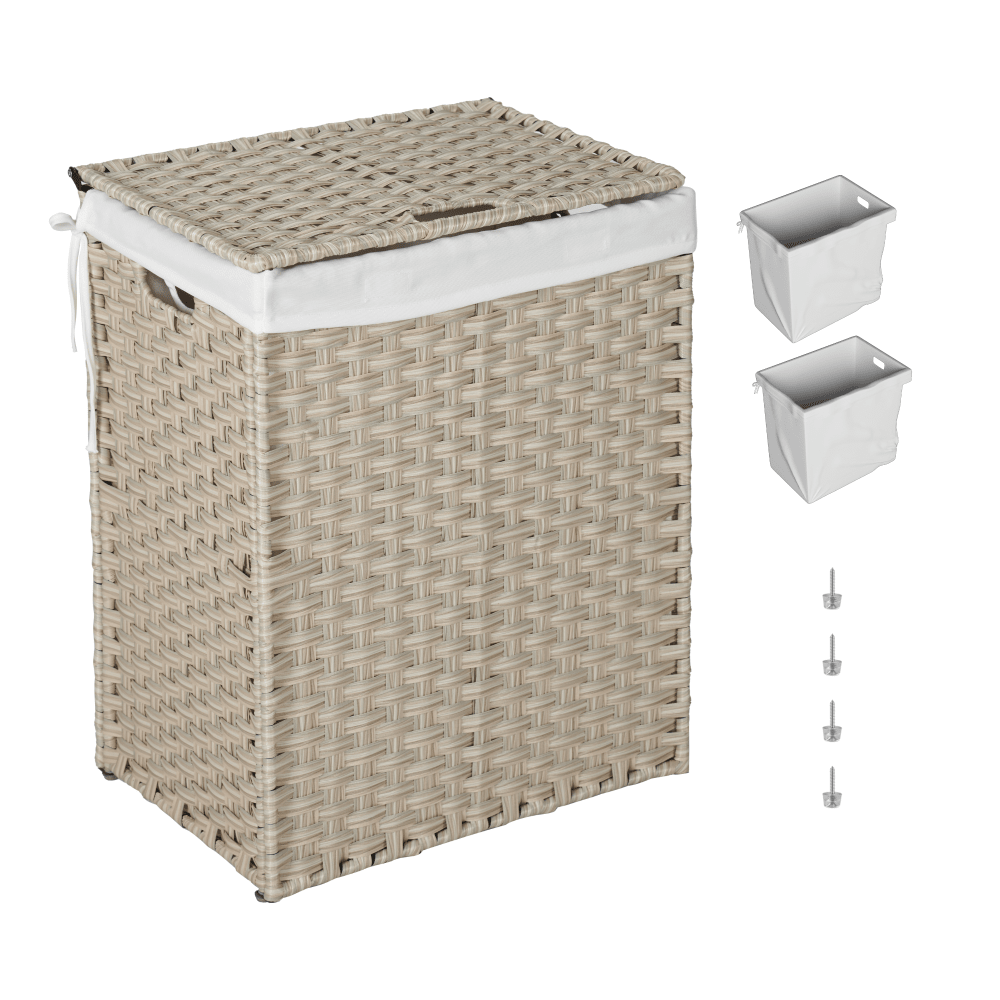 Stylish Brown Laundry Hamper With Lid, 100L Capacity, PE Rattan Frame & 2 Removable Bags For Easy Sorting
