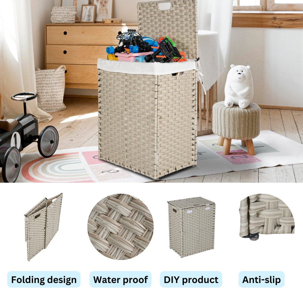 Stylish Brown Laundry Hamper With Lid, 100L Capacity, PE Rattan Frame & 2 Removable Bags For Easy Sorting