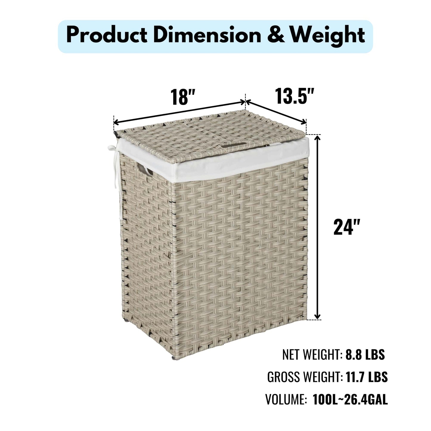 Stylish Brown Laundry Hamper With Lid, 100L Capacity, PE Rattan Frame & 2 Removable Bags For Easy Sorting