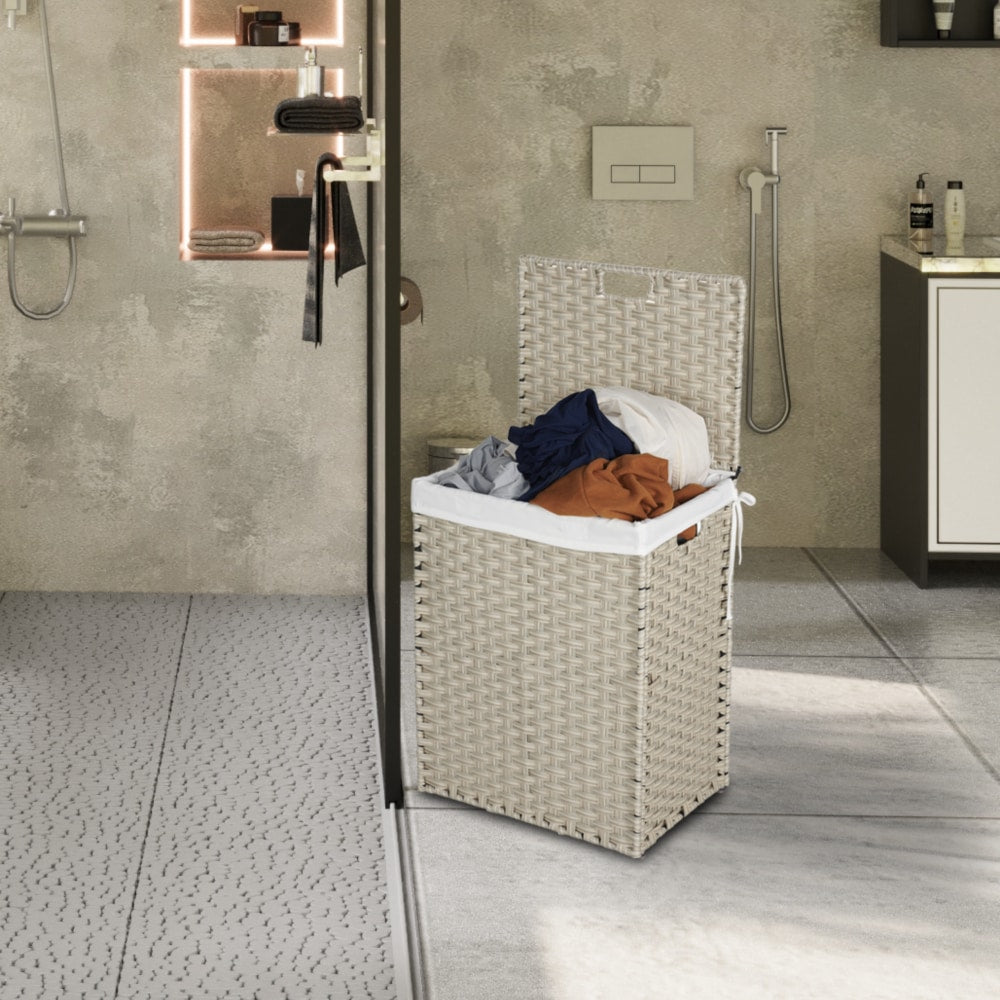 Stylish Brown Laundry Hamper With Lid, 100L Capacity, PE Rattan Frame & 2 Removable Bags For Easy Sorting