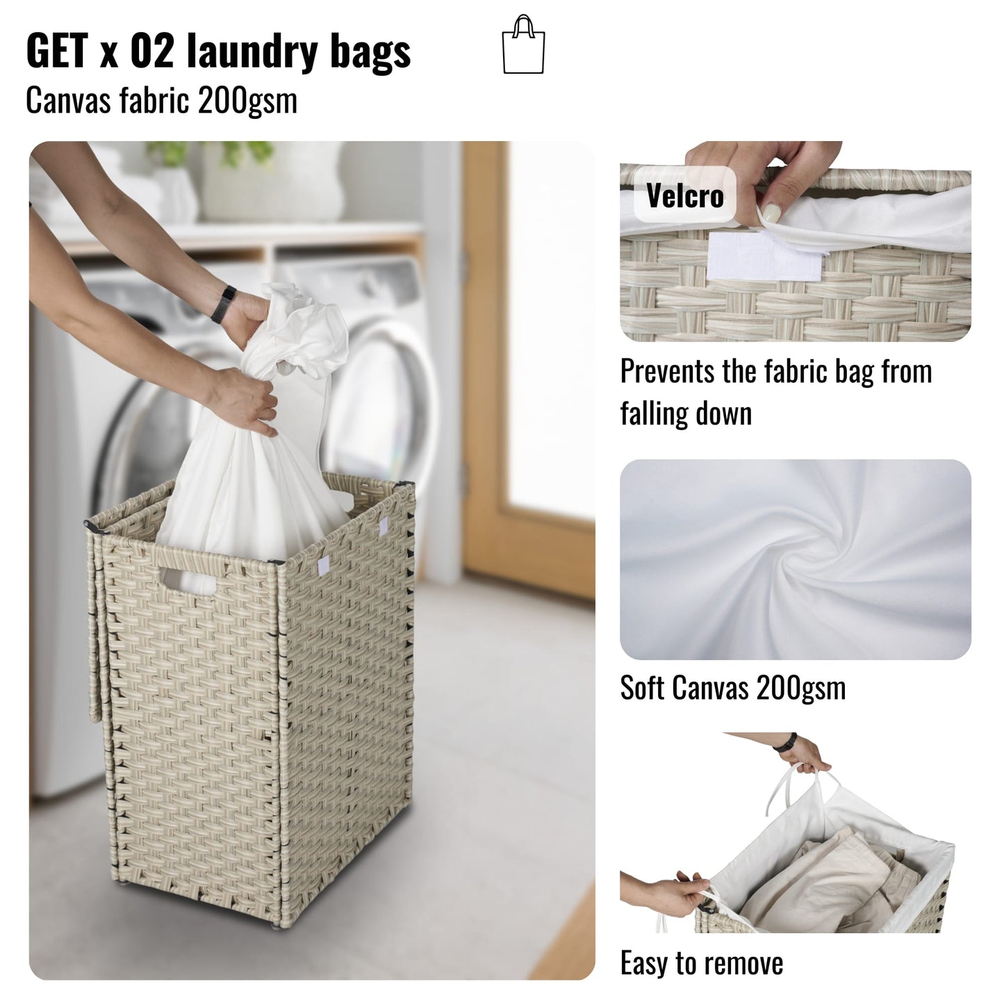 Stylish Brown Laundry Hamper With Lid, 100L Capacity, PE Rattan Frame & 2 Removable Bags For Easy Sorting