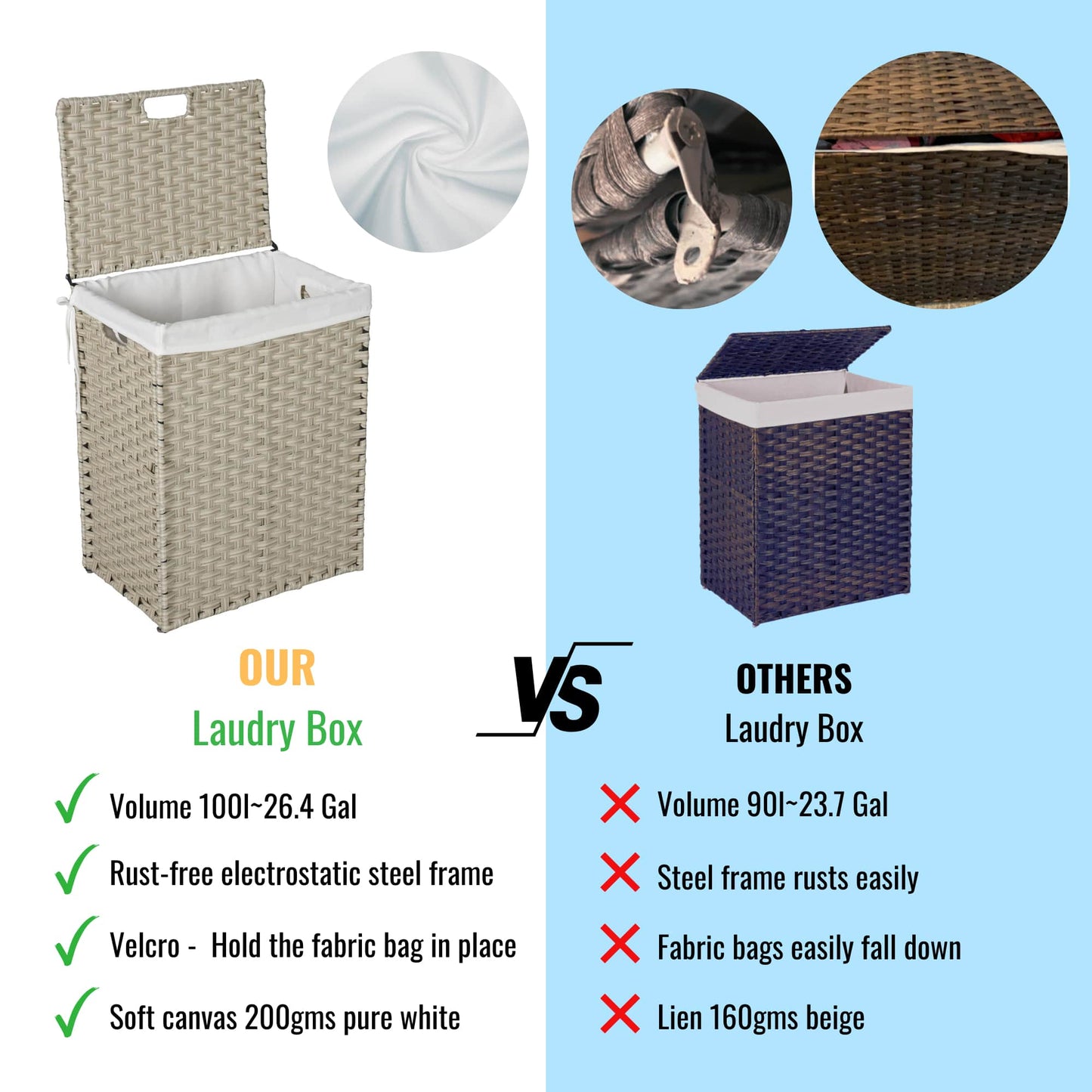Stylish Brown Laundry Hamper With Lid, 100L Capacity, PE Rattan Frame & 2 Removable Bags For Easy Sorting