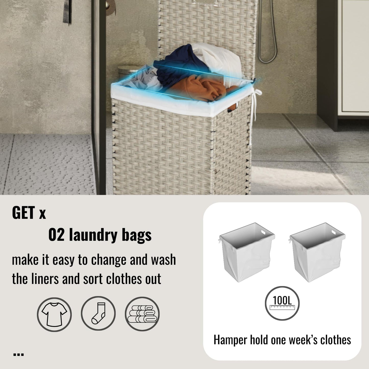Stylish Brown Laundry Hamper With Lid, 100L Capacity, PE Rattan Frame & 2 Removable Bags For Easy Sorting