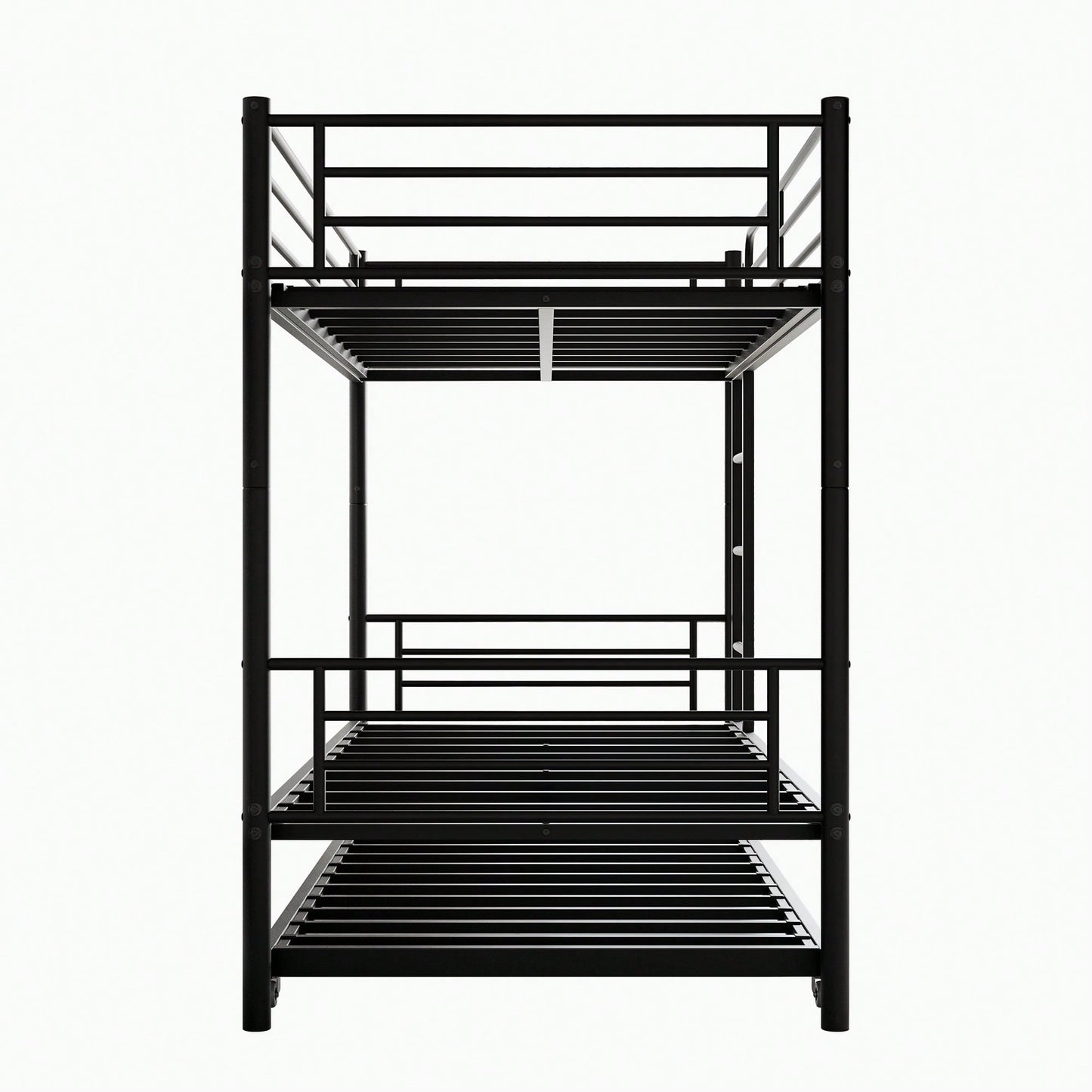 Stylish Metal Twin Bunk Bed with Trundle Ladder Full-Length Guardrail Noise-Free Design Black Finish No Box Spring Needed