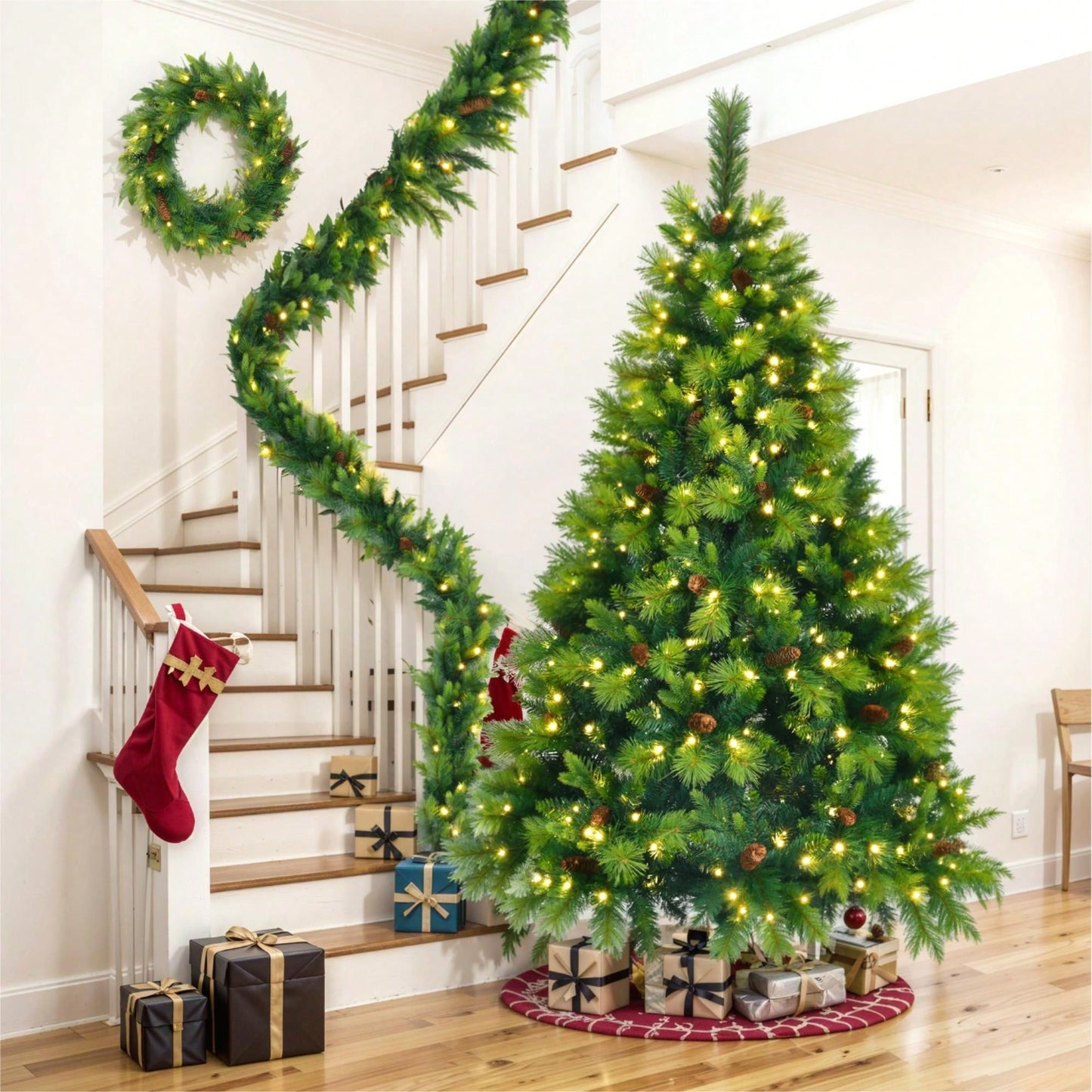 Lush 6FT Pre-Lit Artificial Christmas Tree with Pine Cones Garland and Wreath Ideal for Home or Office Holiday Decor