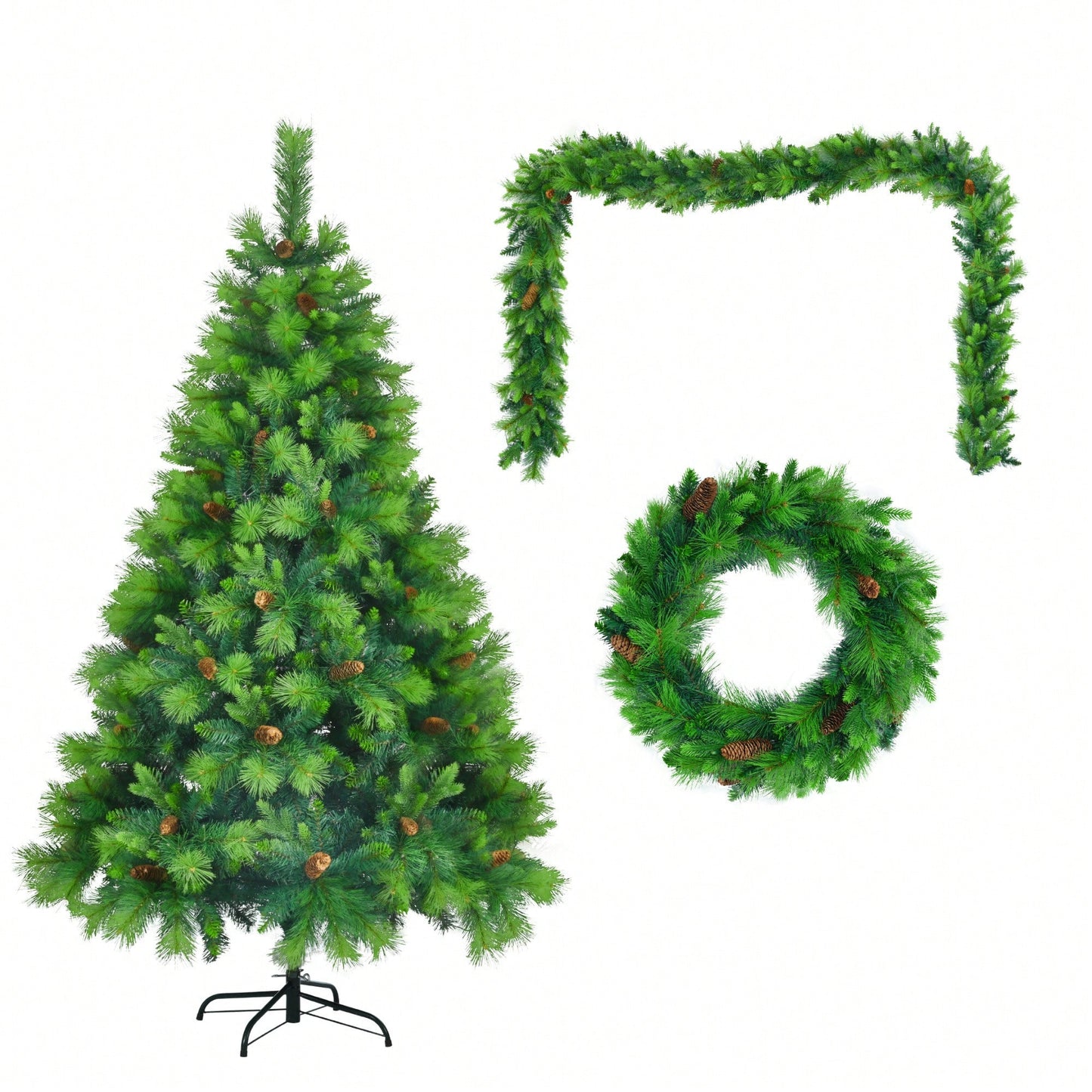 Lush 6FT Pre-Lit Artificial Christmas Tree with Pine Cones Garland and Wreath Ideal for Home or Office Holiday Decor