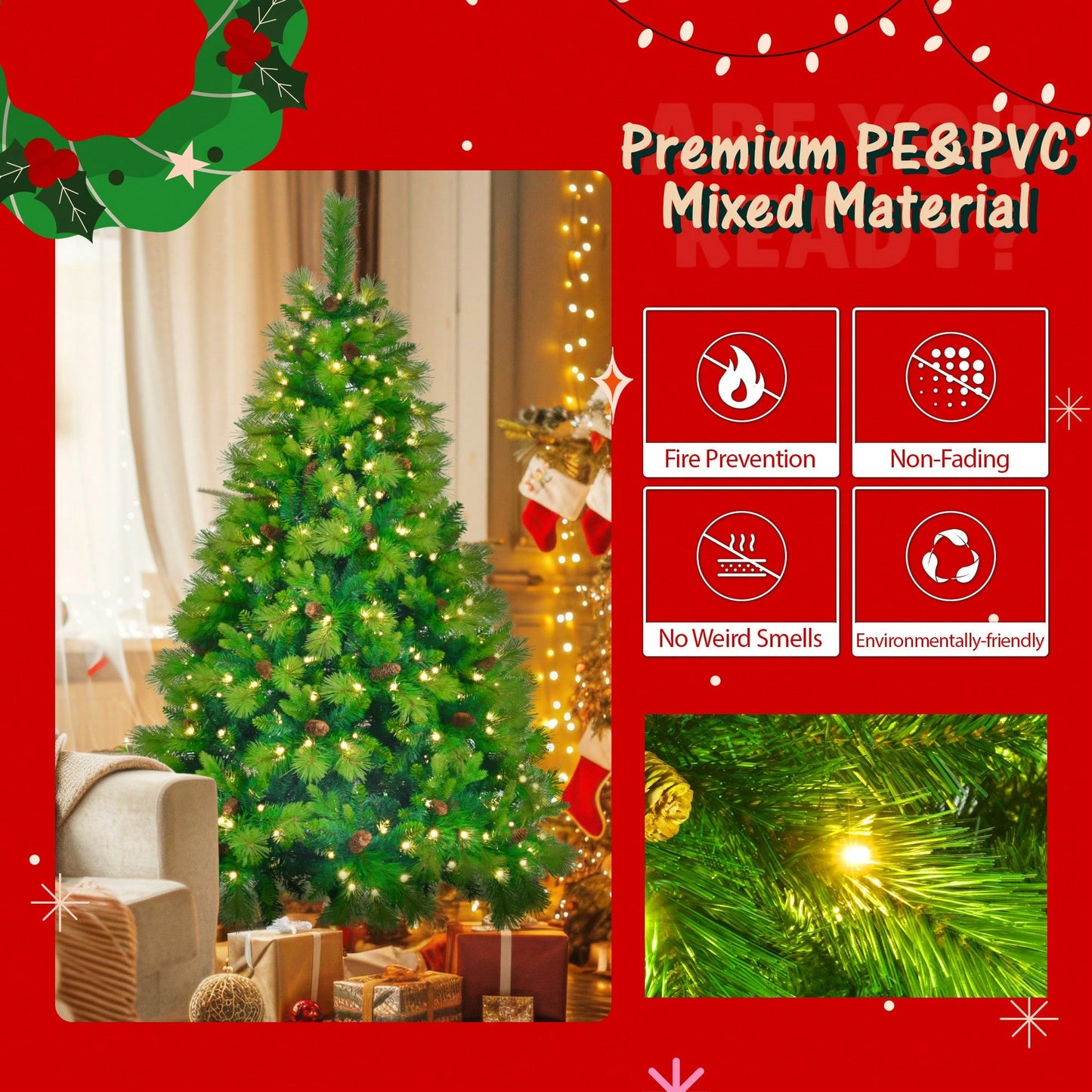 Lush 6FT Pre-Lit Artificial Christmas Tree with Pine Cones Garland and Wreath Ideal for Home or Office Holiday Decor