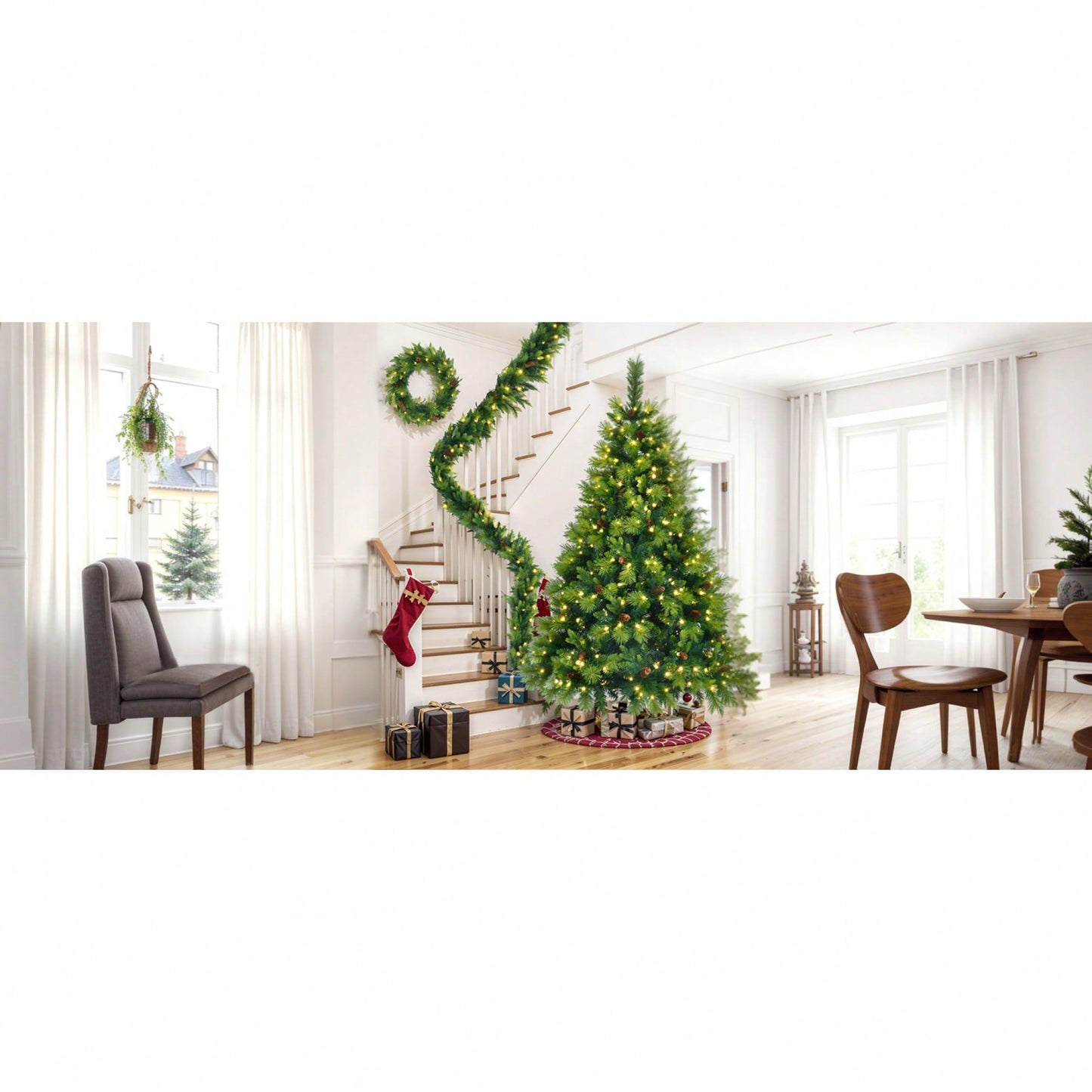 Lush 6FT Pre-Lit Artificial Christmas Tree with Pine Cones Garland and Wreath Ideal for Home or Office Holiday Decor