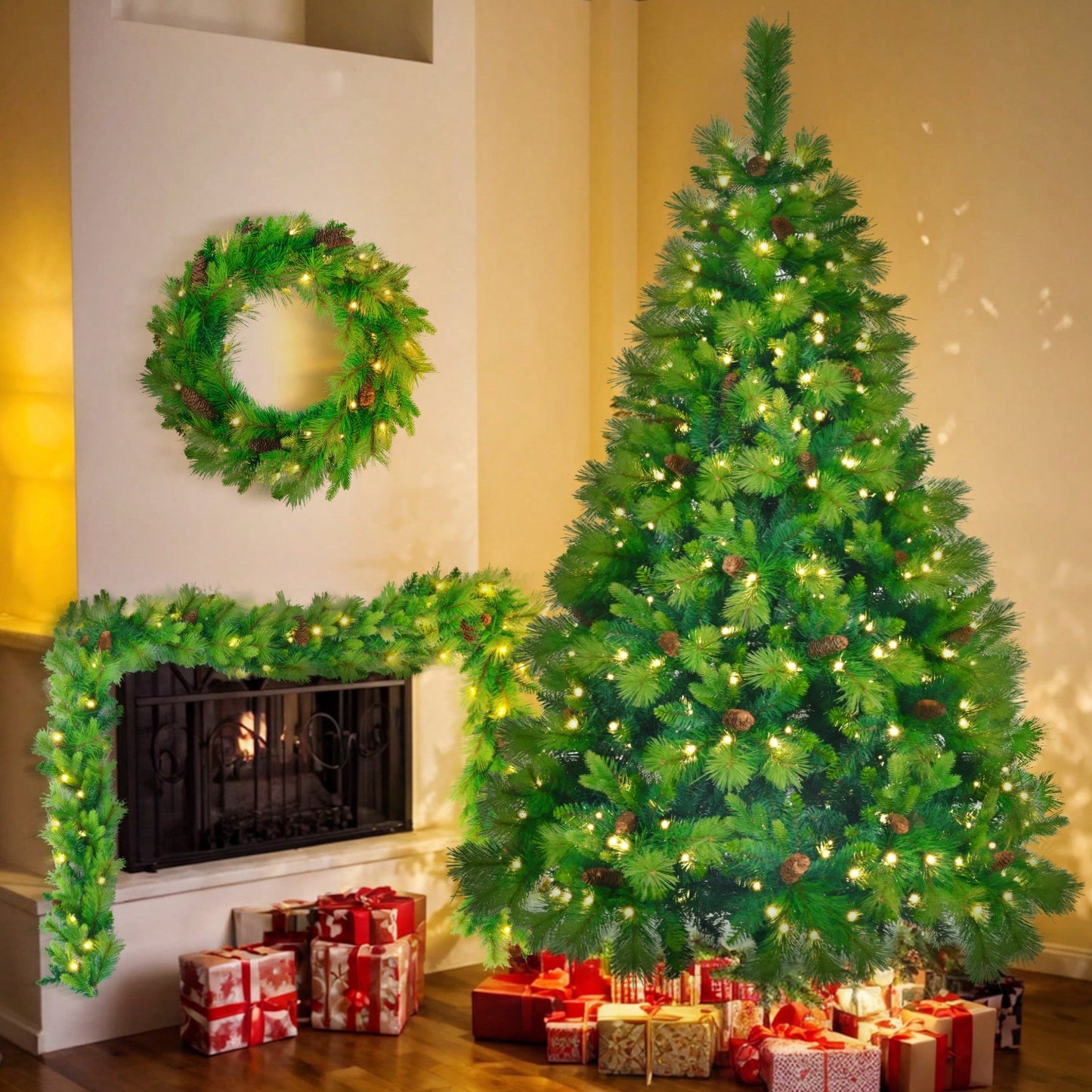 Lush 6FT Pre-Lit Artificial Christmas Tree with Pine Cones Garland and Wreath Ideal for Home or Office Holiday Decor