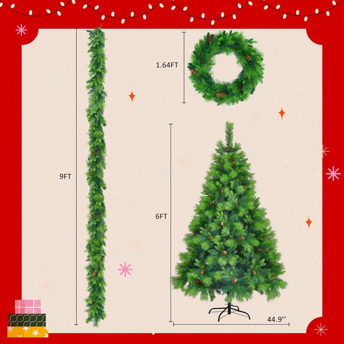 Lush 6FT Pre-Lit Artificial Christmas Tree with Pine Cones Garland and Wreath Ideal for Home or Office Holiday Decor