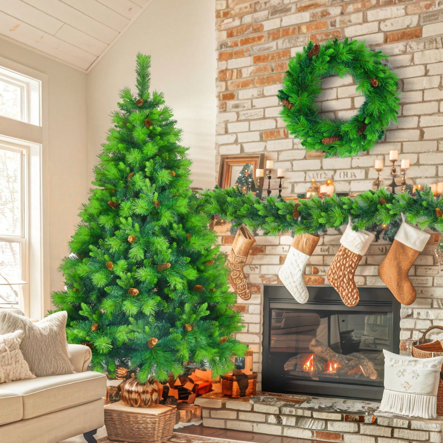 Lush 6FT Pre-Lit Artificial Christmas Tree with Pine Cones Garland and Wreath Ideal for Home or Office Holiday Decor