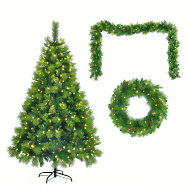 Lush 6FT Pre-Lit Artificial Christmas Tree with Pine Cones Garland and Wreath Ideal for Home or Office Holiday Decor