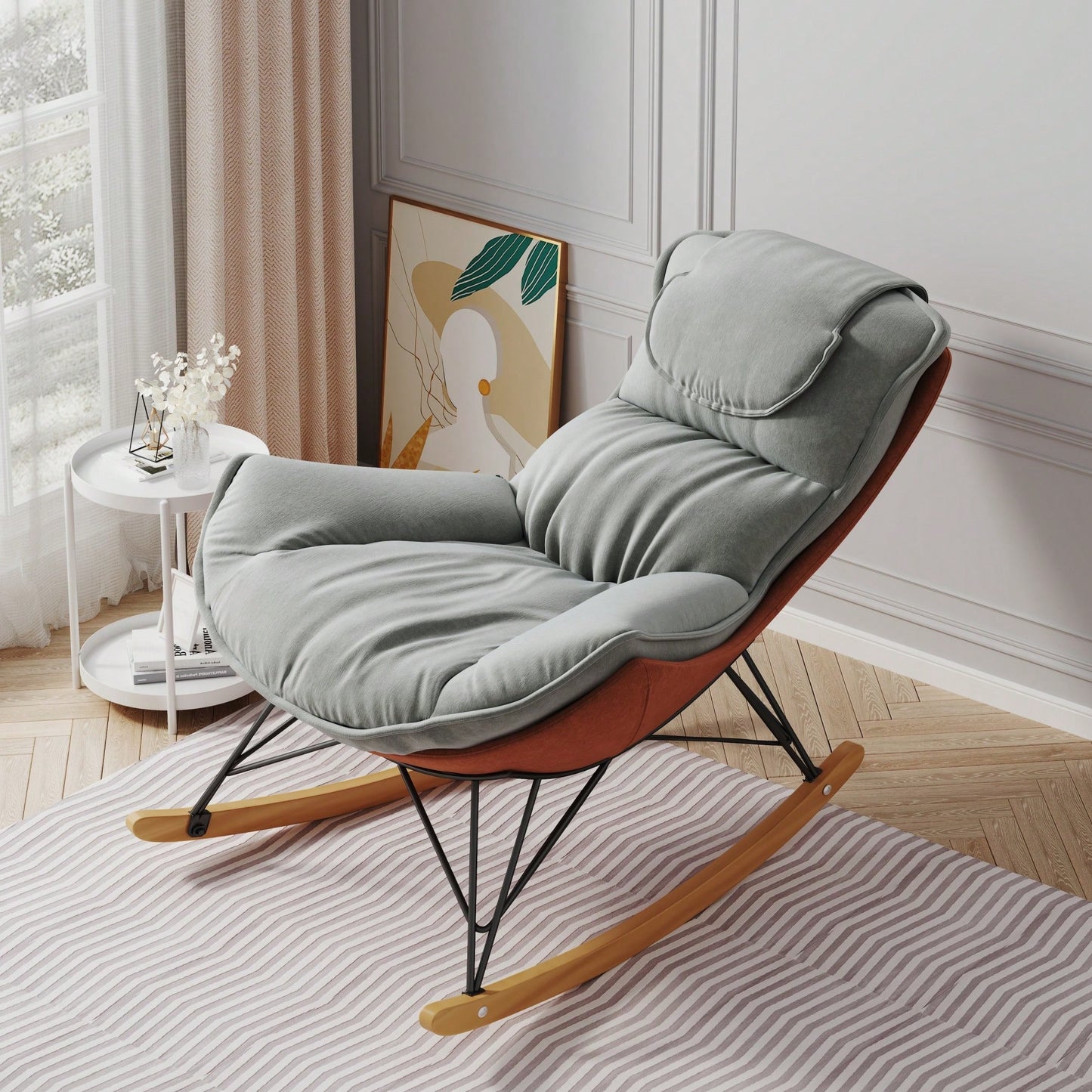 Elegant Light Green Rocking Chair For Balcony – Comfortable, Breathable, And Washable Seat Cushion For Leisure Spaces