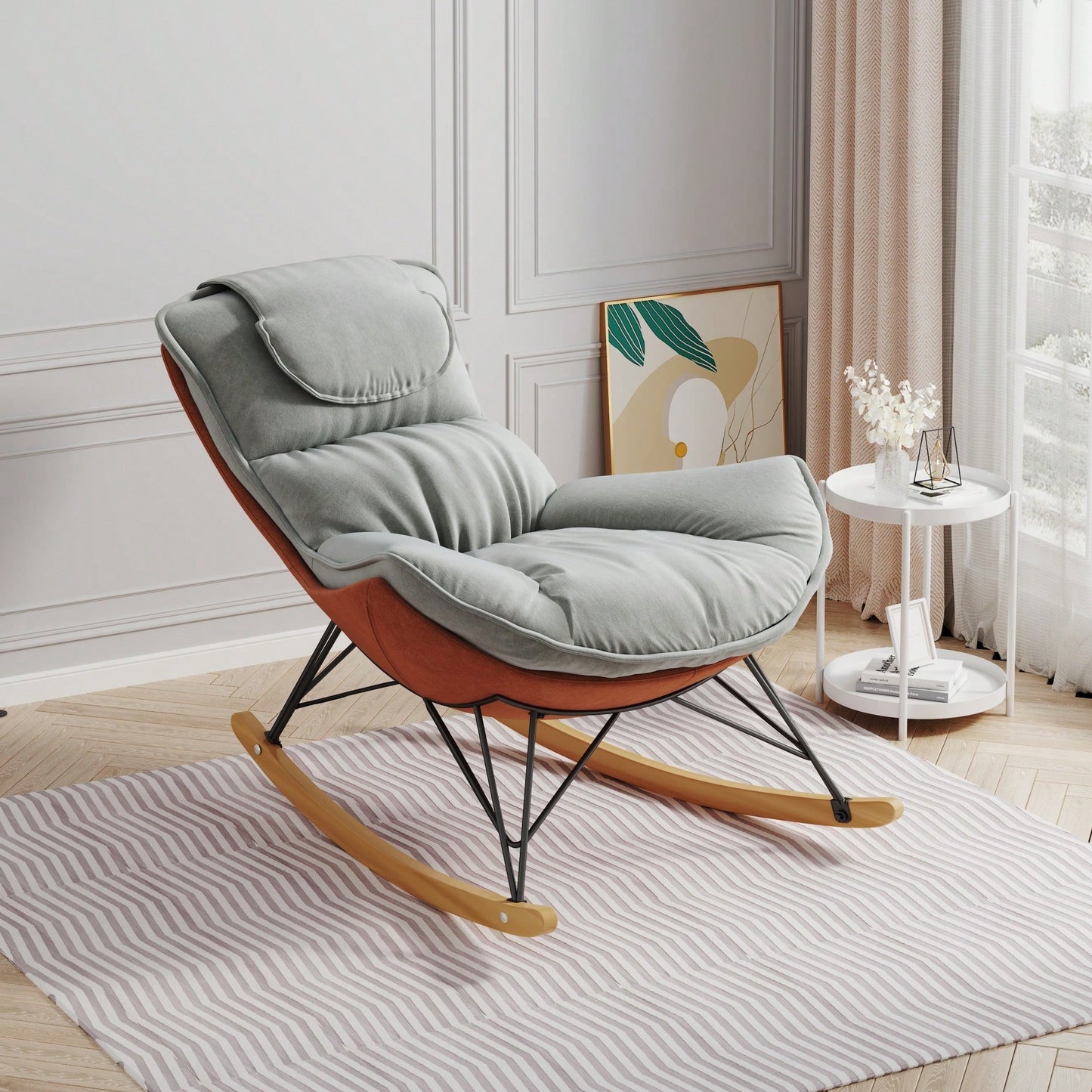 Elegant Light Green Rocking Chair For Balcony – Comfortable, Breathable, And Washable Seat Cushion For Leisure Spaces