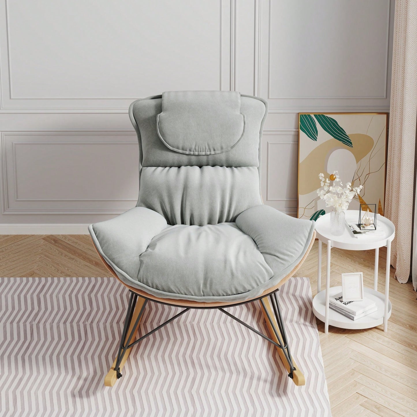Elegant Light Green Rocking Chair For Balcony – Comfortable, Breathable, And Washable Seat Cushion For Leisure Spaces