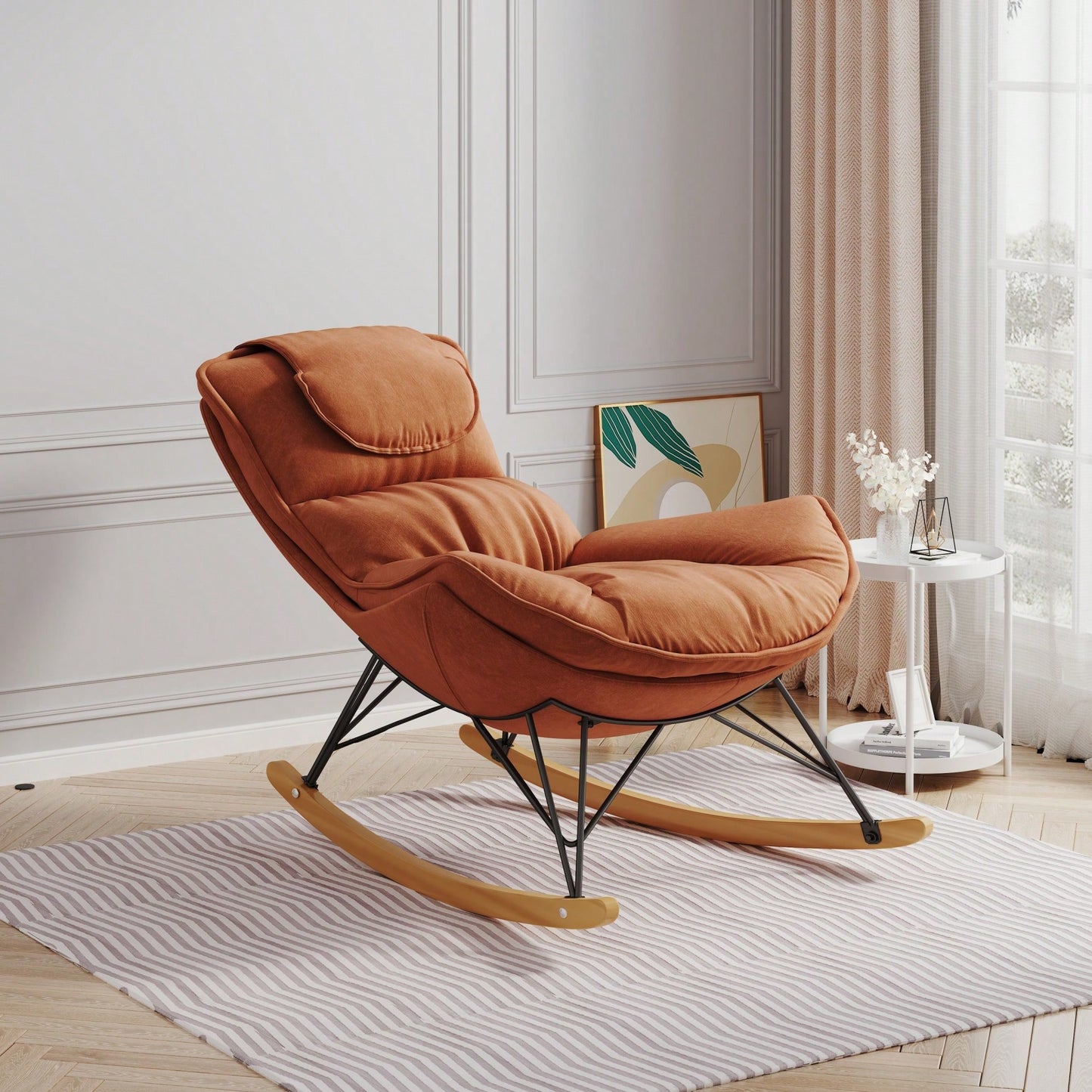 Elegant Light Green Rocking Chair For Balcony – Comfortable, Breathable, And Washable Seat Cushion For Leisure Spaces