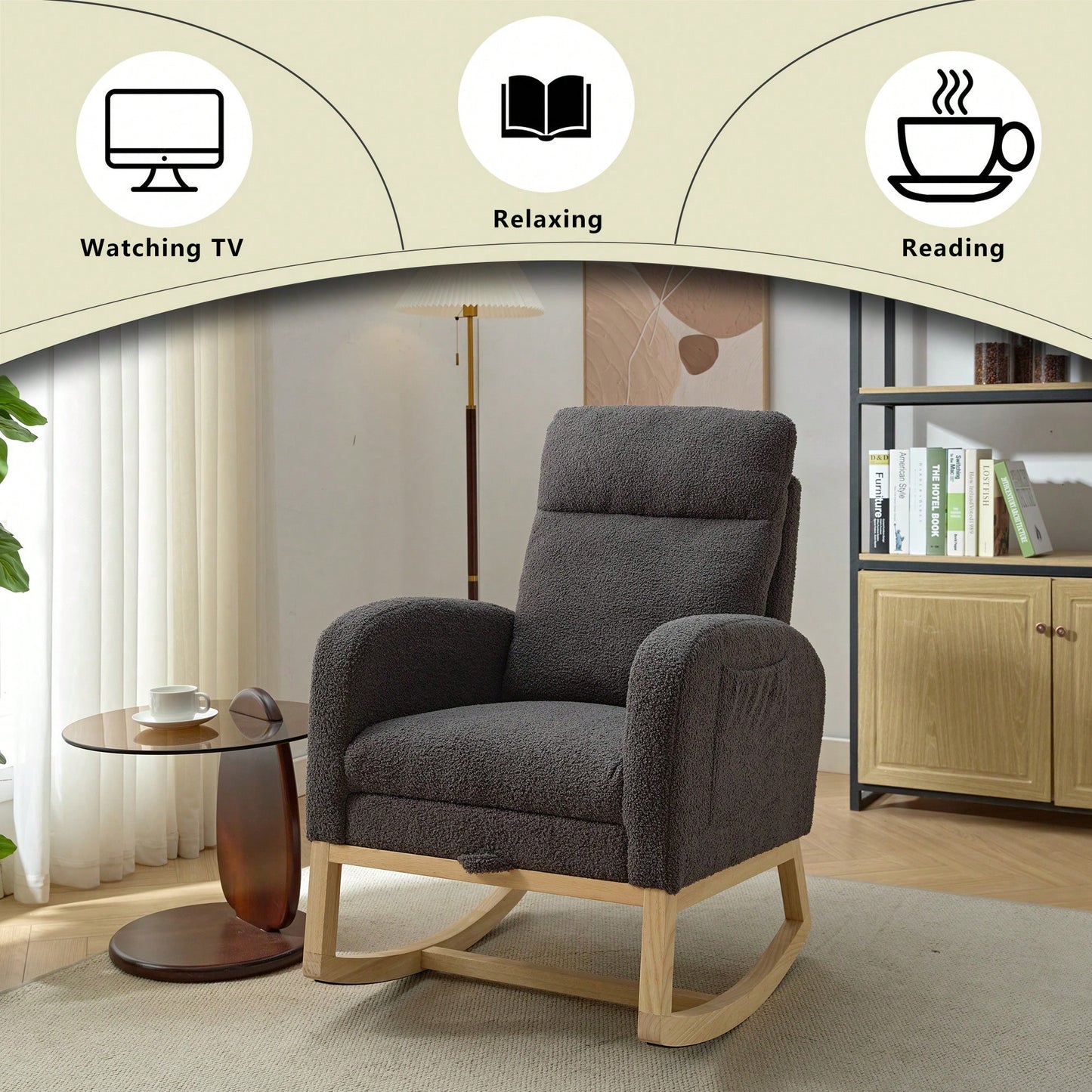 Chic Upholstered Rocking Chair with Solid Wood Legs for Nursery and Living Room High Backrest and Side Pocket
