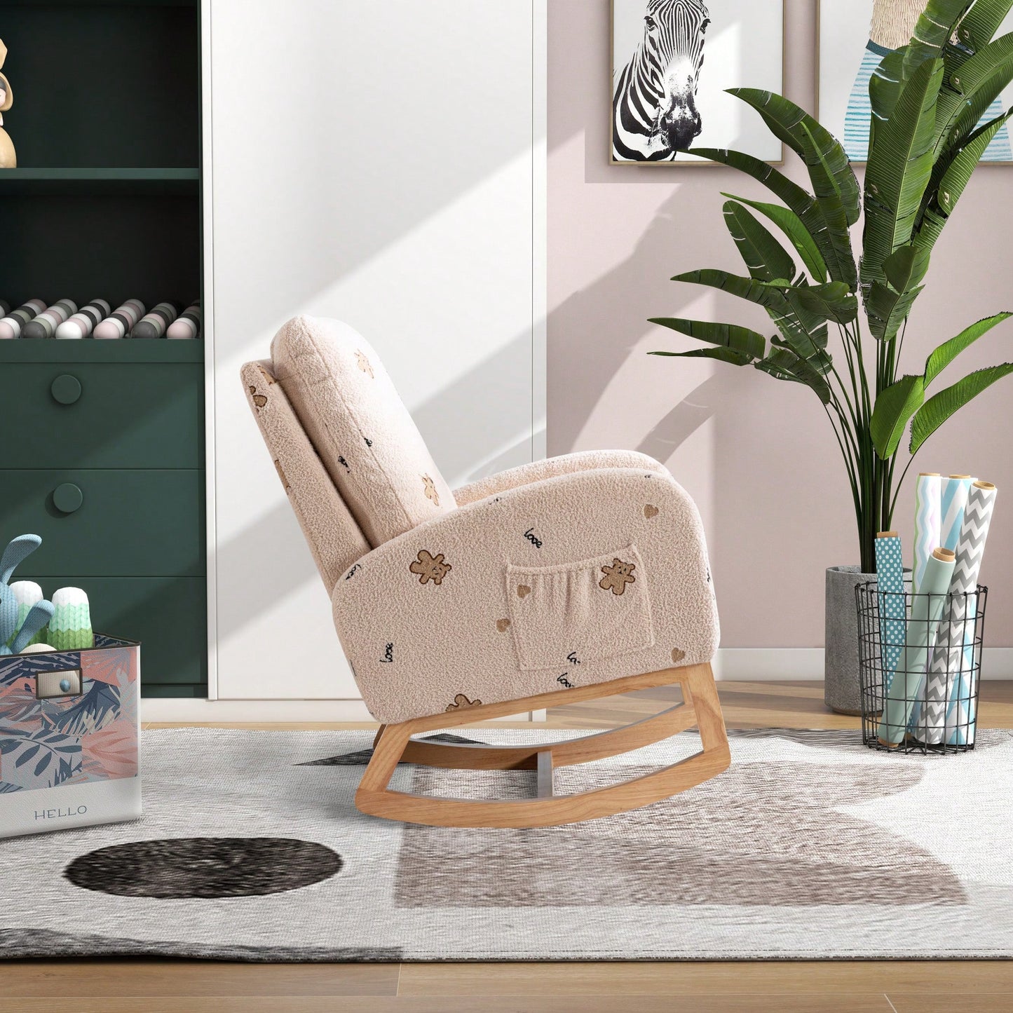 Mustard Boucle Mid-Century Rocking Chair with Side Pocket for Nursery Living Room or Kids Bedroom