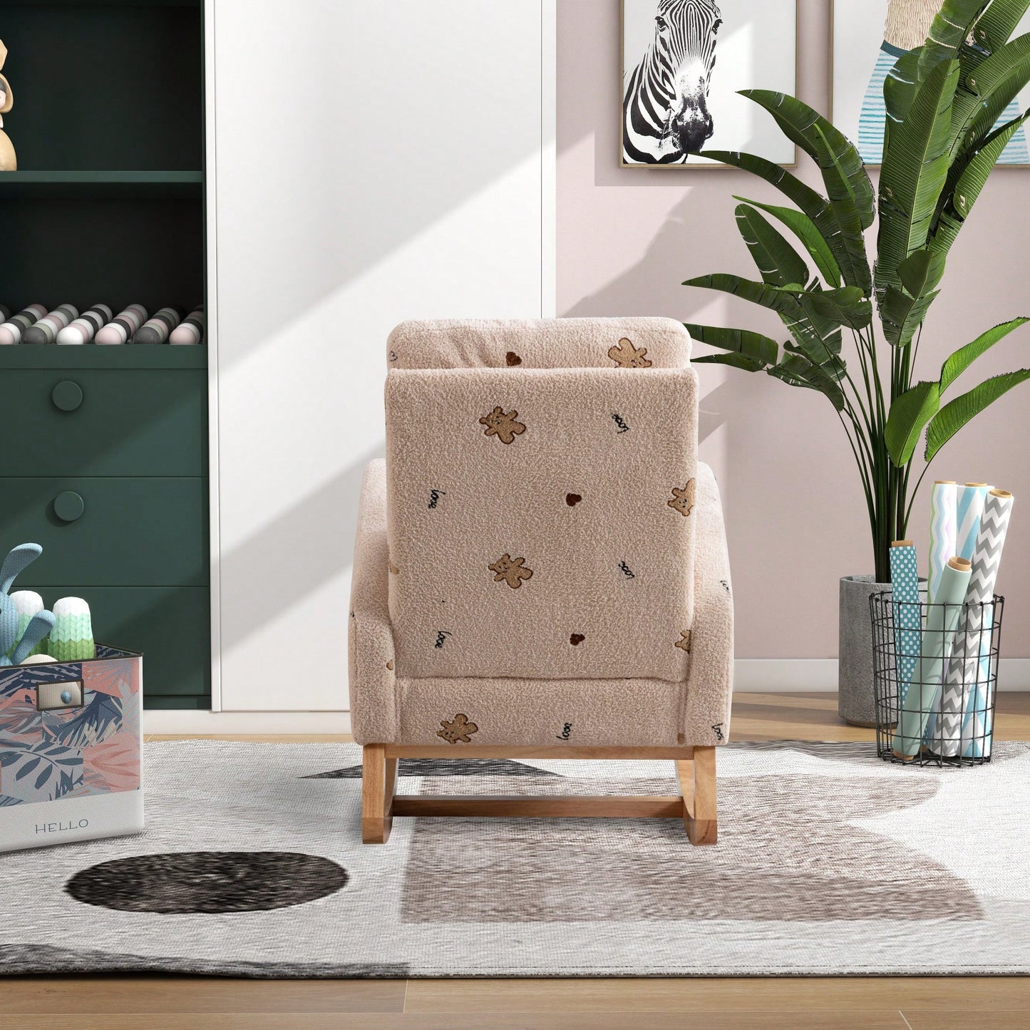 Mustard Boucle Mid-Century Rocking Chair with Side Pocket for Nursery Living Room or Kids Bedroom