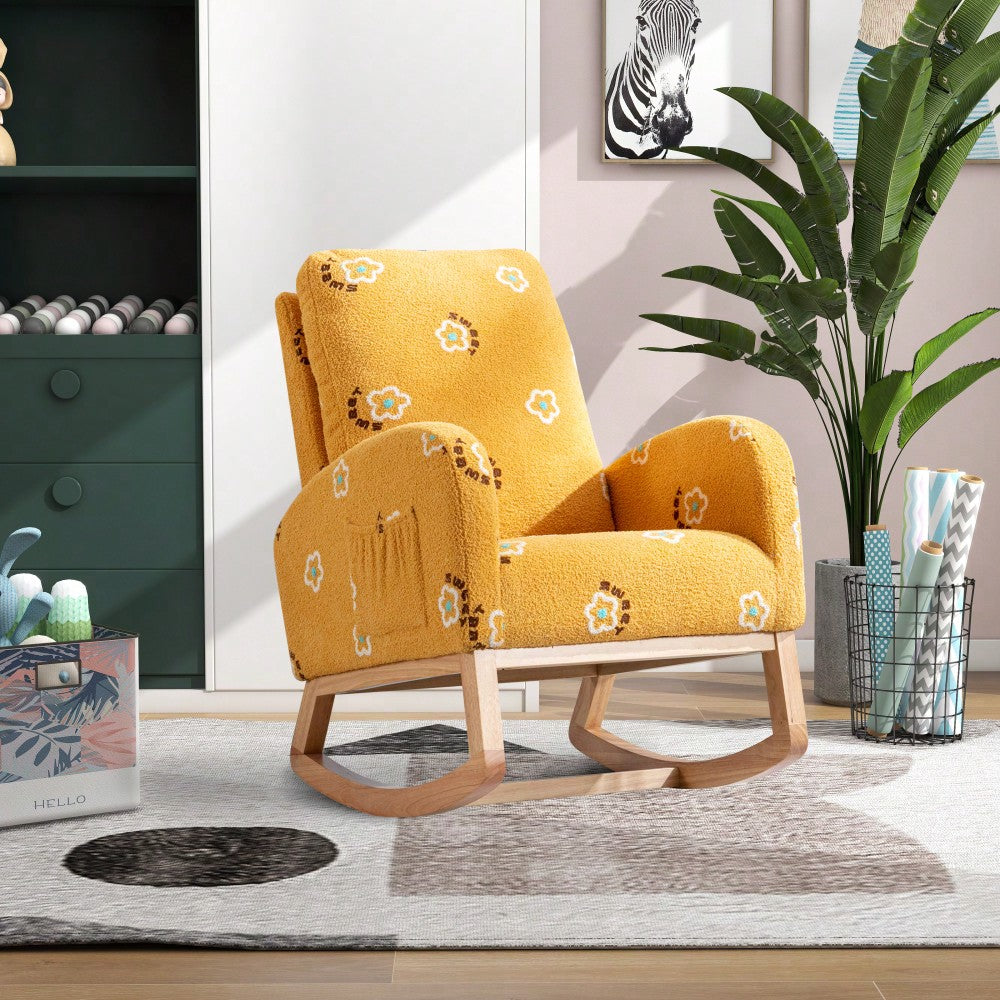 Mustard Boucle Mid-Century Rocking Chair with Side Pocket for Nursery Living Room or Kids Bedroom