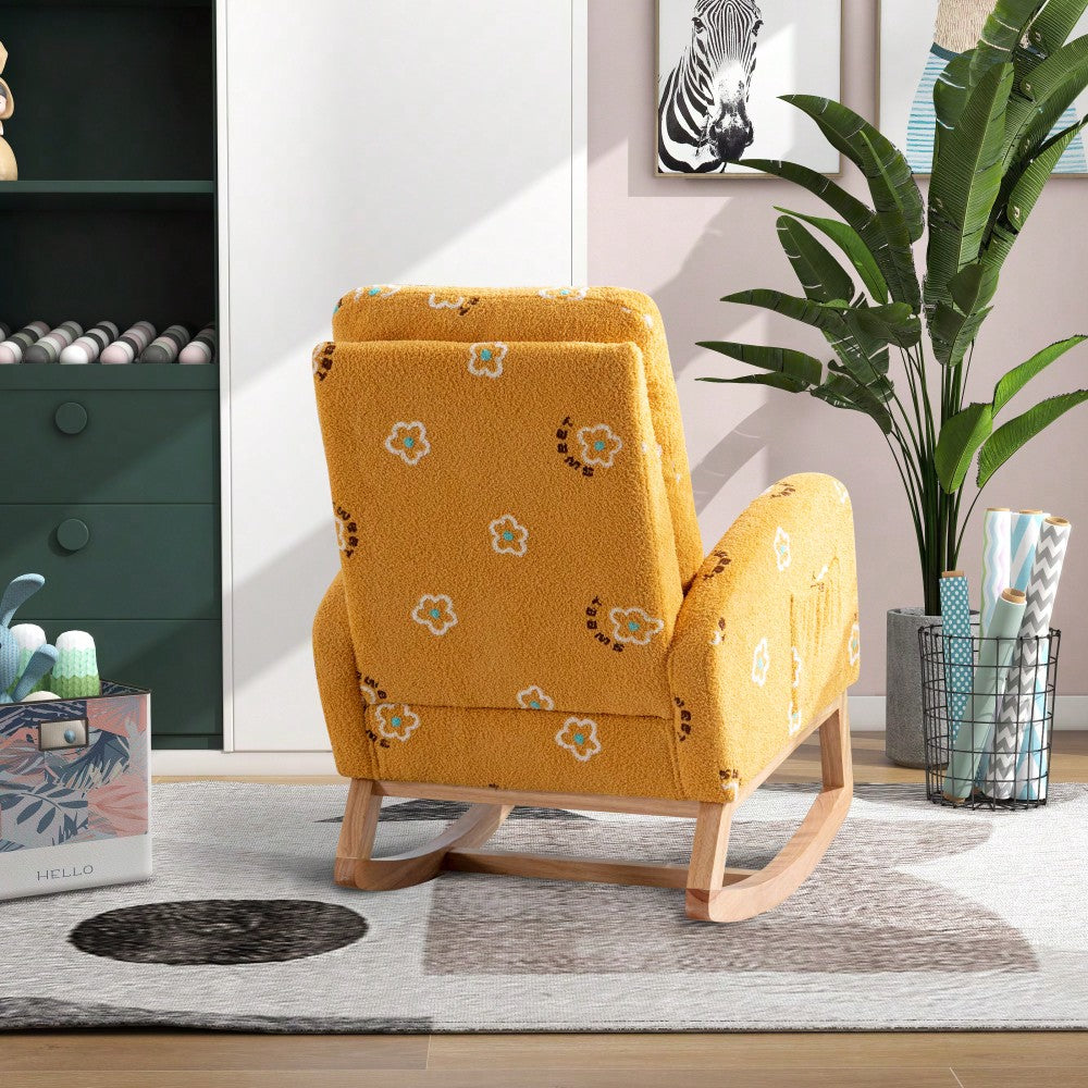 Mustard Boucle Mid-Century Rocking Chair with Side Pocket for Nursery Living Room or Kids Bedroom