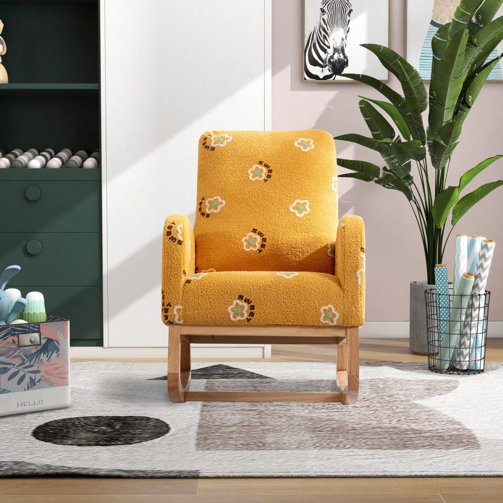 Mustard Boucle Mid-Century Rocking Chair with Side Pocket for Nursery Living Room or Kids Bedroom