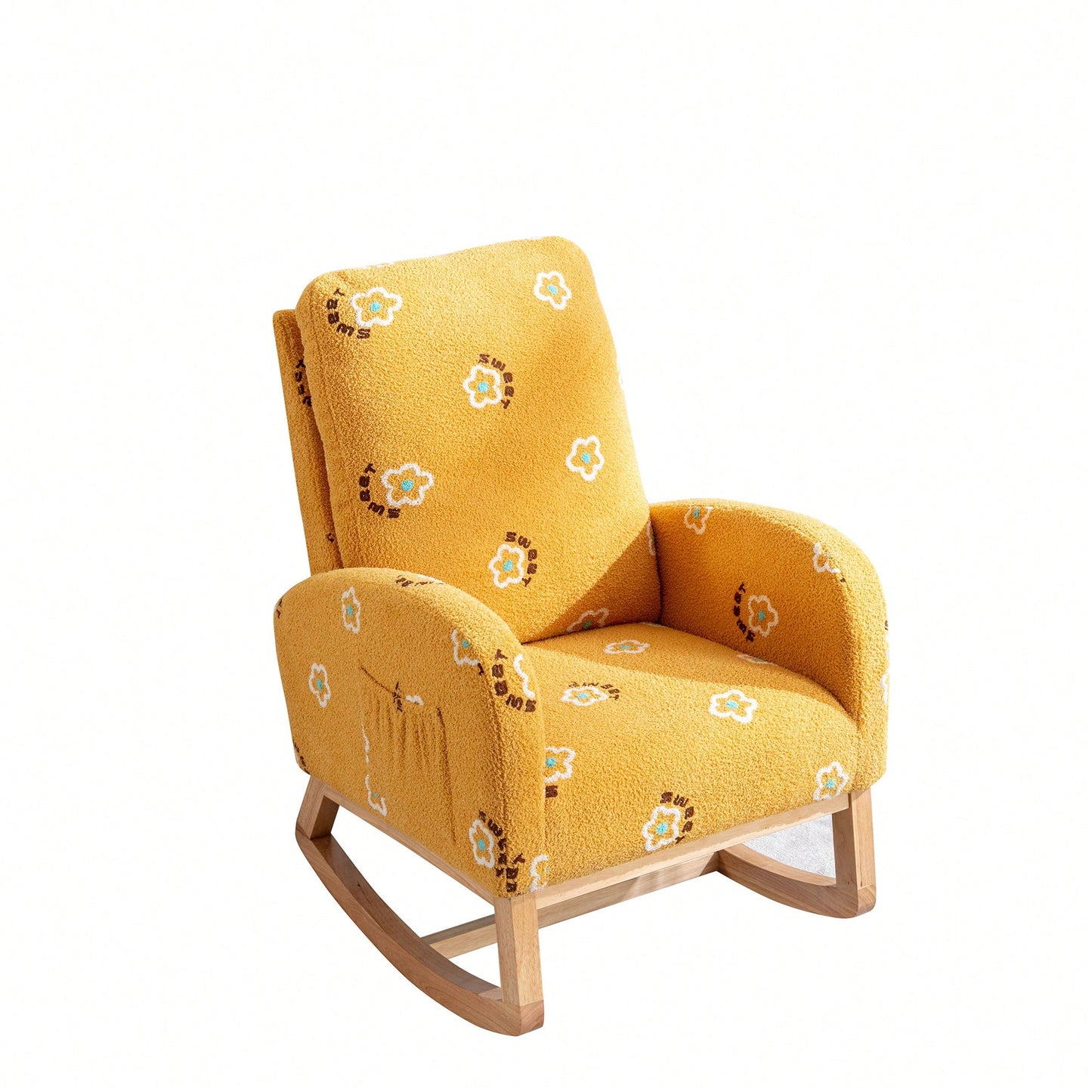 Mustard Boucle Mid-Century Rocking Chair with Side Pocket for Nursery Living Room or Kids Bedroom