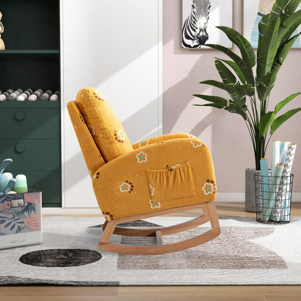 Mustard Boucle Mid-Century Rocking Chair with Side Pocket for Nursery Living Room or Kids Bedroom