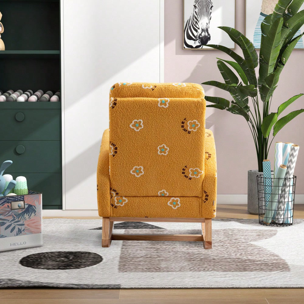 Mustard Boucle Mid-Century Rocking Chair with Side Pocket for Nursery Living Room or Kids Bedroom