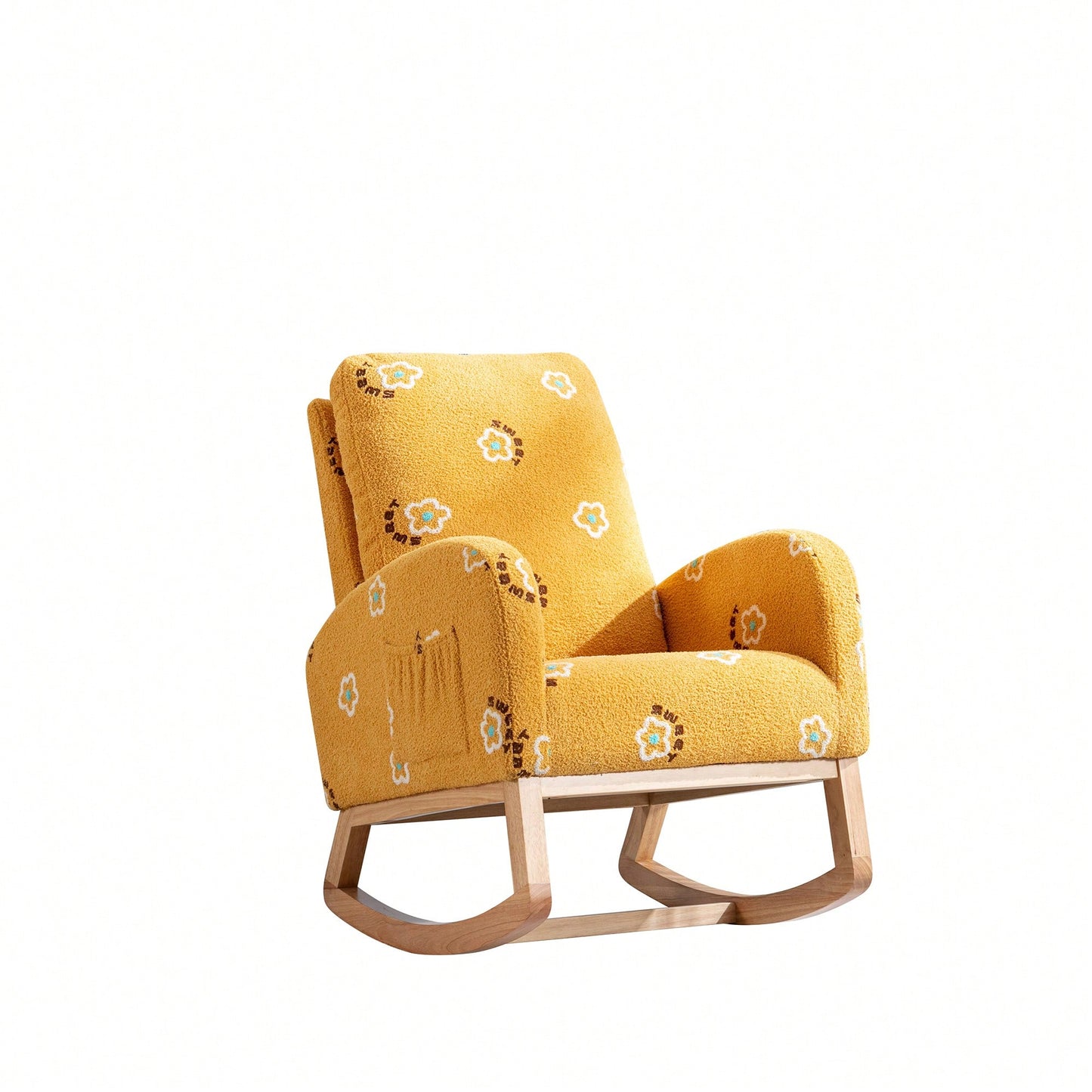Mustard Boucle Mid-Century Rocking Chair with Side Pocket for Nursery Living Room or Kids Bedroom