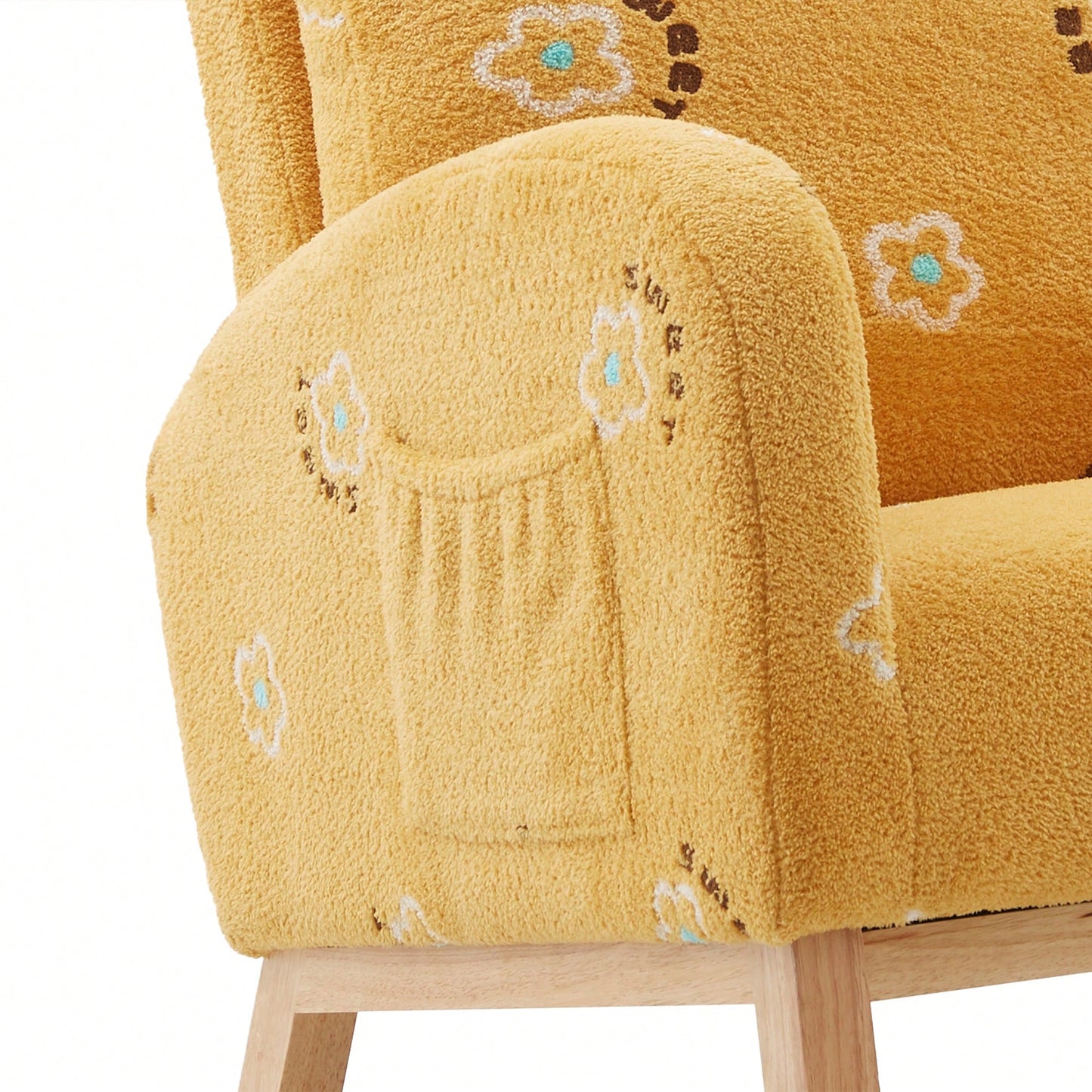 Mustard Boucle Mid-Century Rocking Chair with Side Pocket for Nursery Living Room or Kids Bedroom