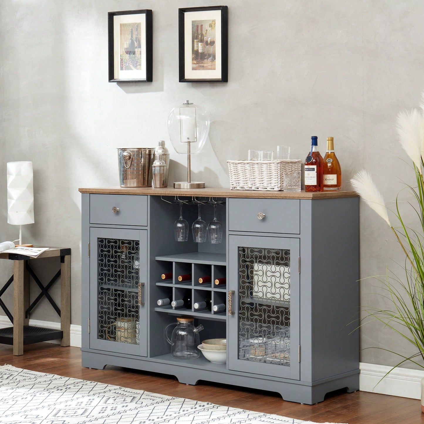 Modern Farmhouse Buffet Cabinet, Sideboard with 2 Drawers and Elegant Glass Door Cabinets