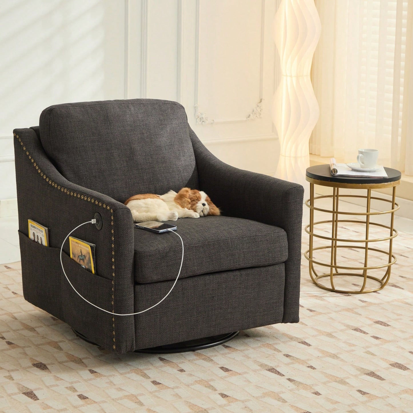 Dark Grey 360° Swivel Accent Chair with USB Port and Magazine Holder for Living Rooms and Hotel Bedrooms