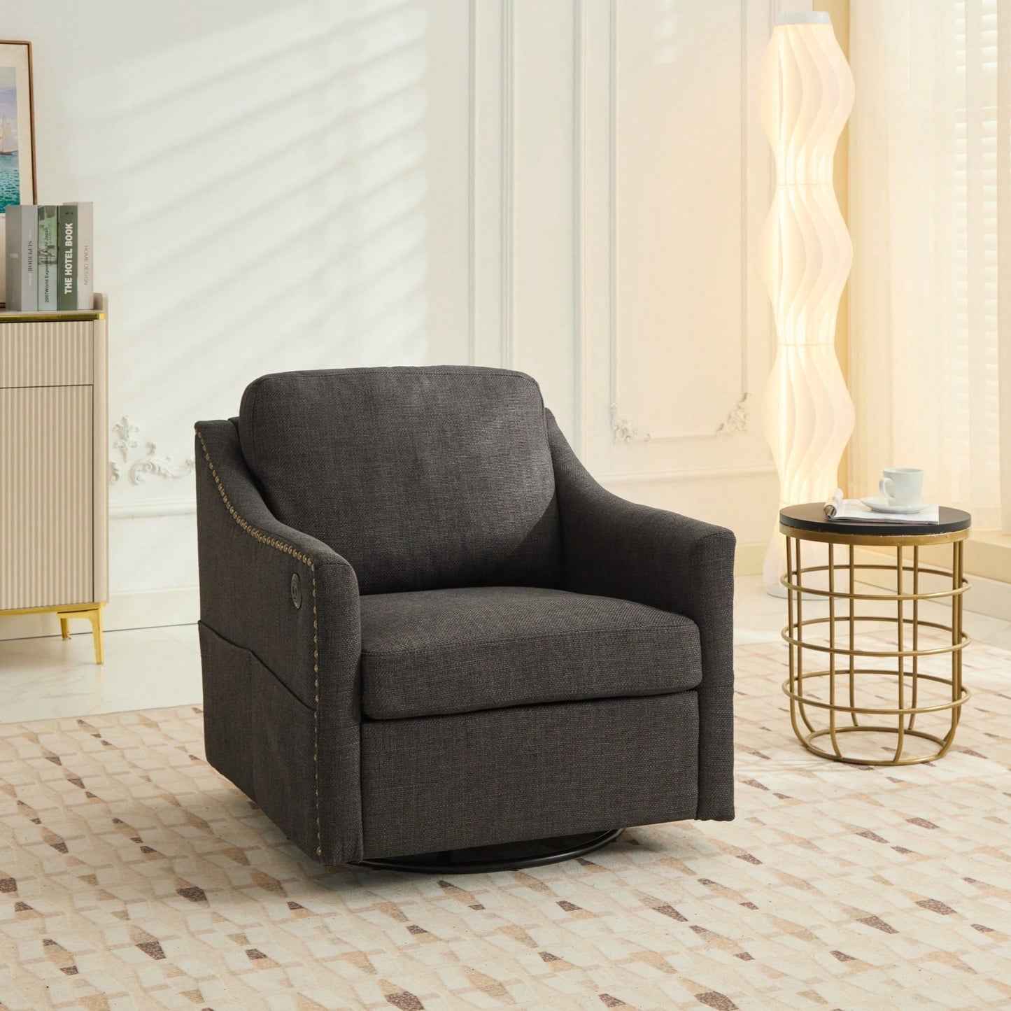 Dark Grey 360° Swivel Accent Chair with USB Port and Magazine Holder for Living Rooms and Hotel Bedrooms