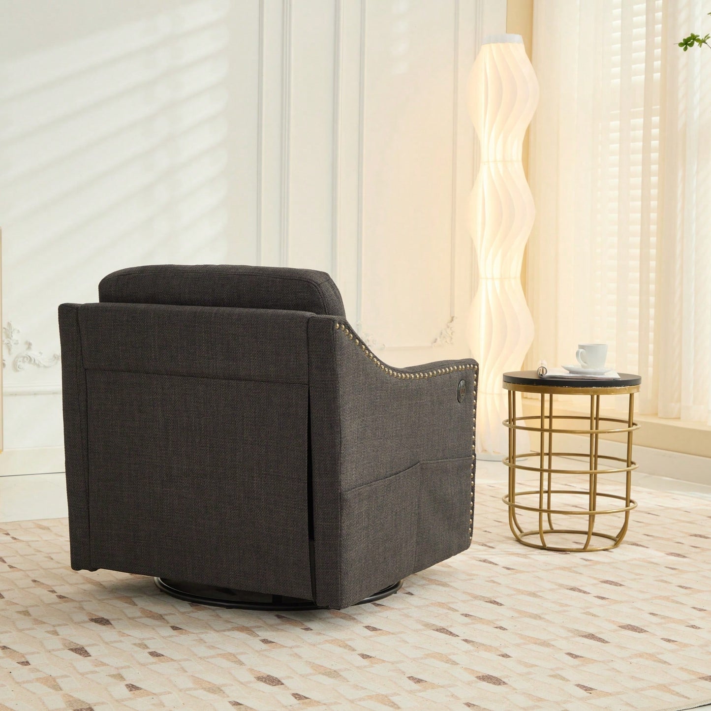Dark Grey 360° Swivel Accent Chair with USB Port and Magazine Holder for Living Rooms and Hotel Bedrooms