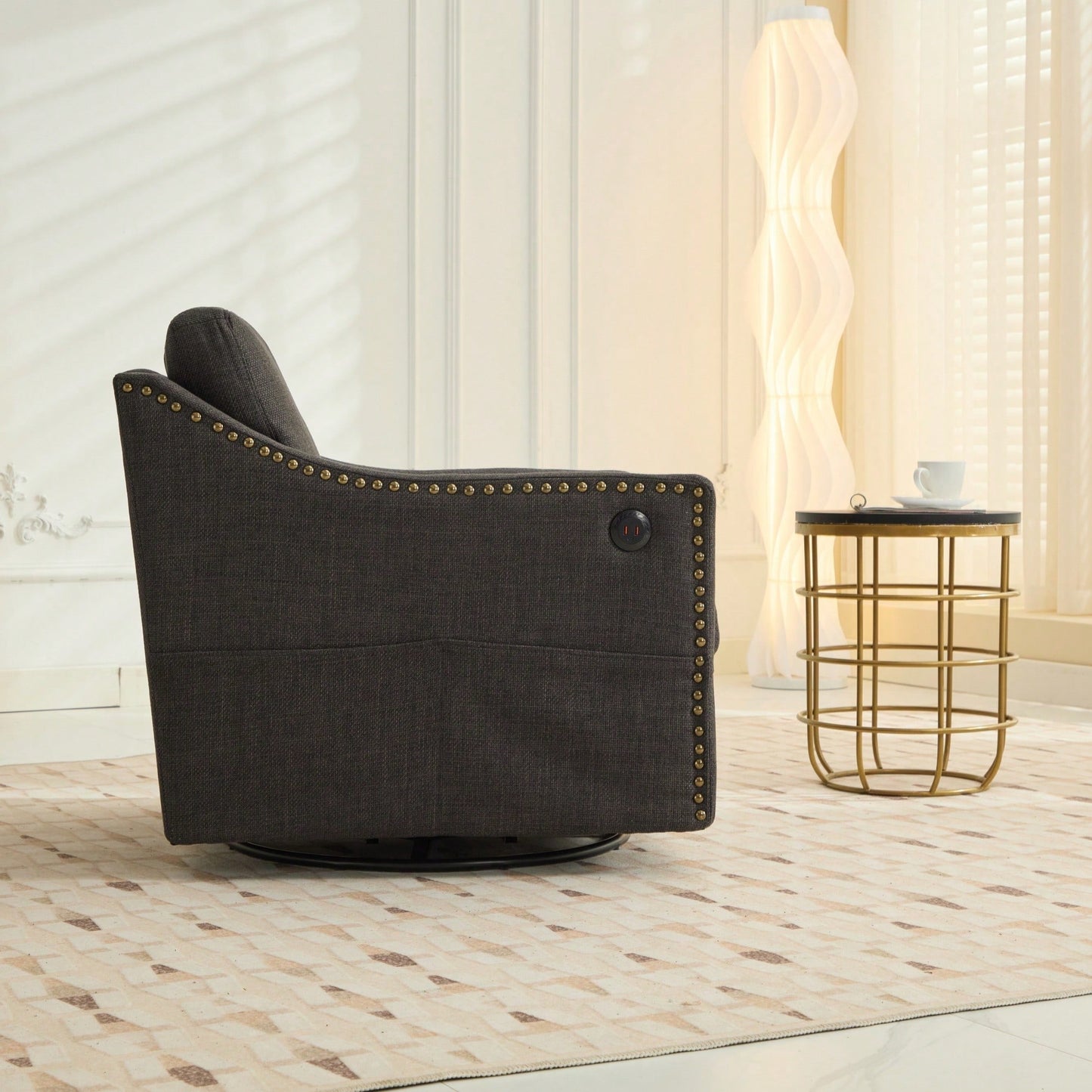 Dark Grey 360° Swivel Accent Chair with USB Port and Magazine Holder for Living Rooms and Hotel Bedrooms