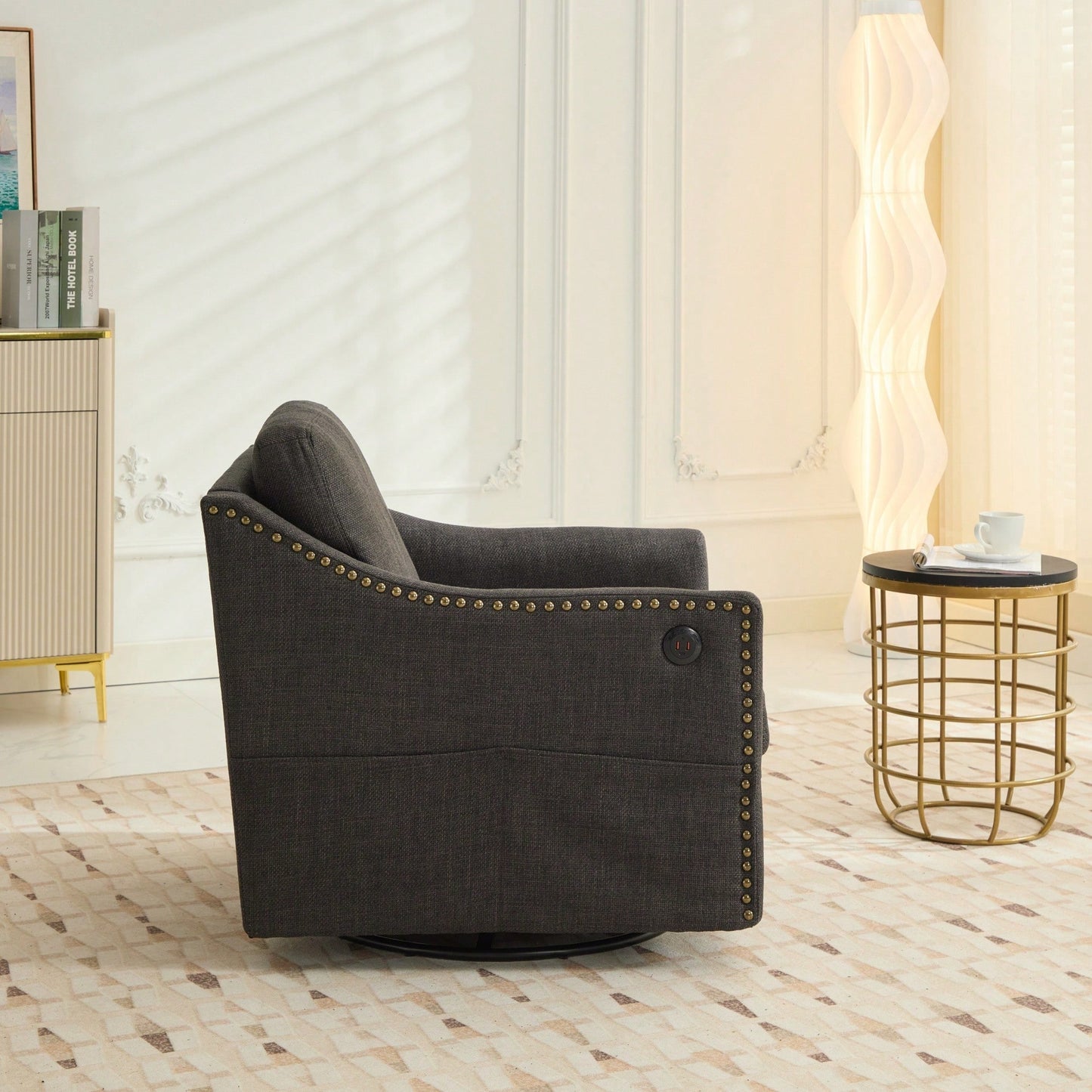 Dark Grey 360° Swivel Accent Chair with USB Port and Magazine Holder for Living Rooms and Hotel Bedrooms