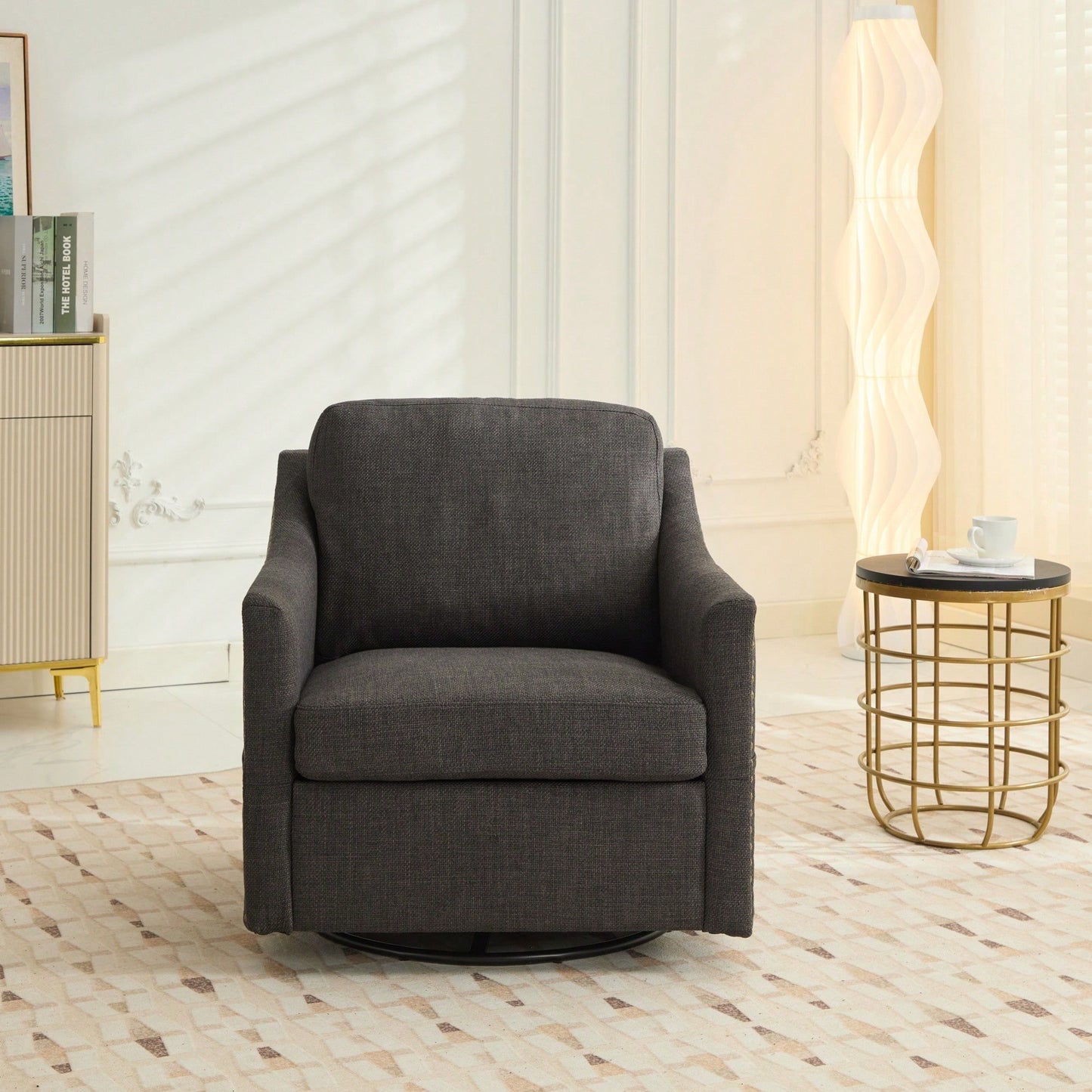 Dark Grey 360° Swivel Accent Chair with USB Port and Magazine Holder for Living Rooms and Hotel Bedrooms
