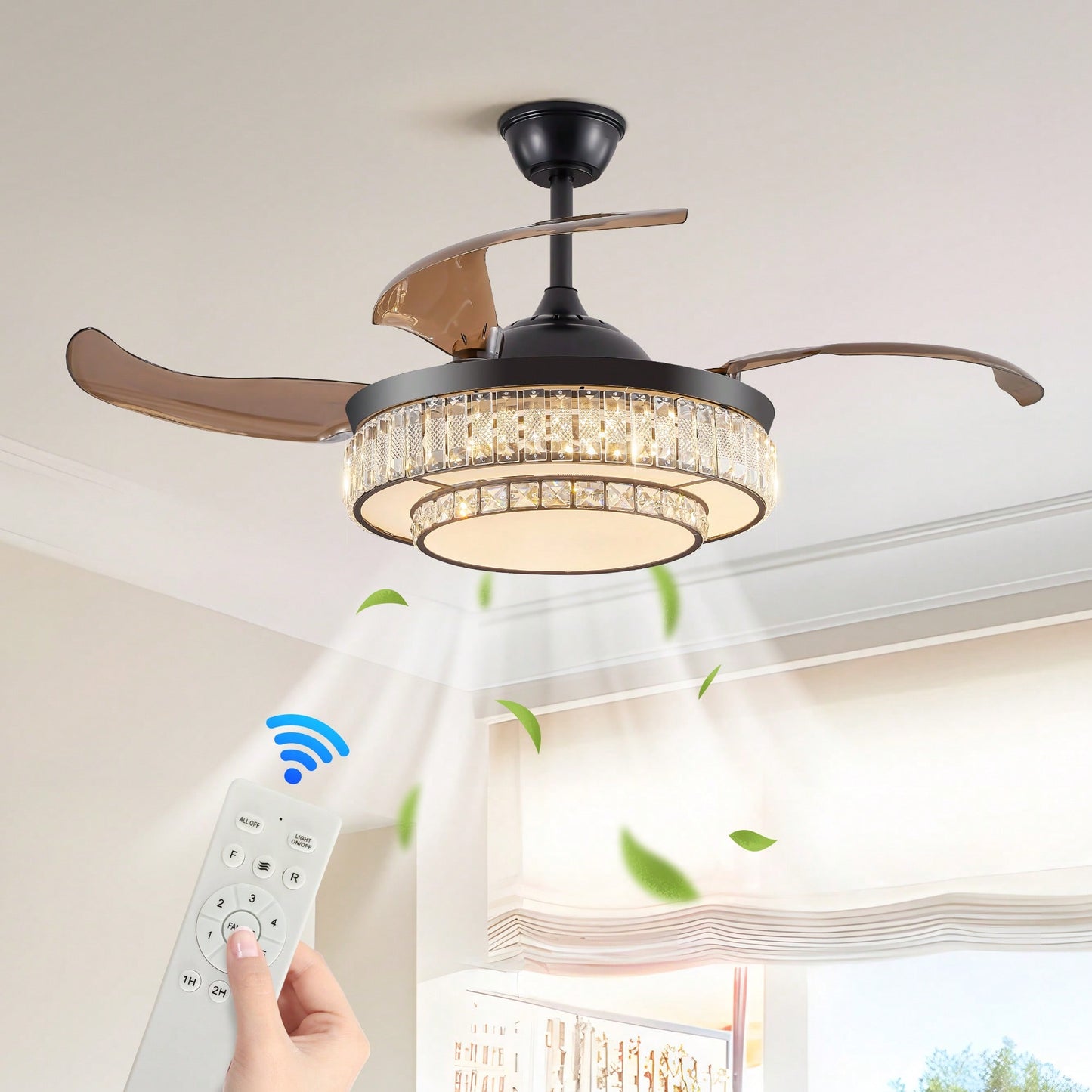 Modern LED Retractable Ceiling Fan With Remote Control - Quiet, Reversible Motor & 4 Blades For Kitchen, Bedroom, Dining Room, And Patio Use