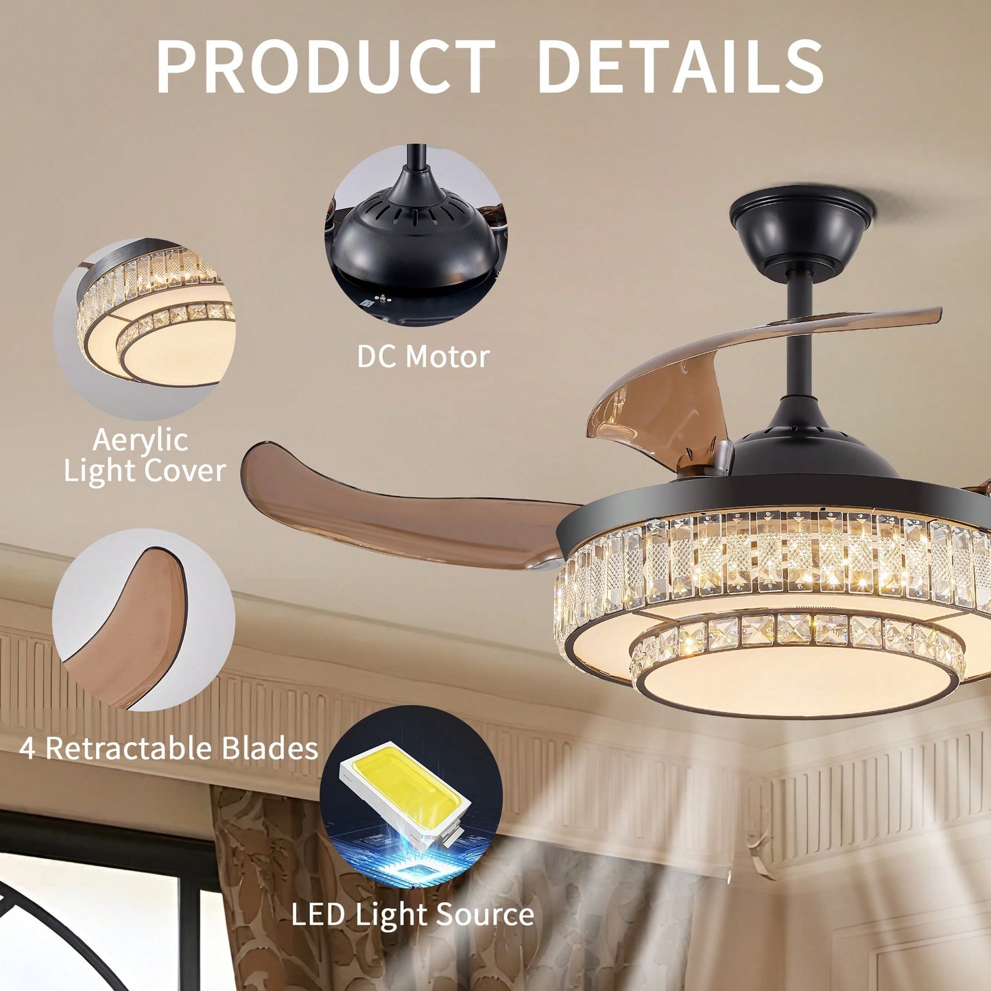 Modern LED Retractable Ceiling Fan With Remote Control - Quiet, Reversible Motor & 4 Blades For Kitchen, Bedroom, Dining Room, And Patio Use
