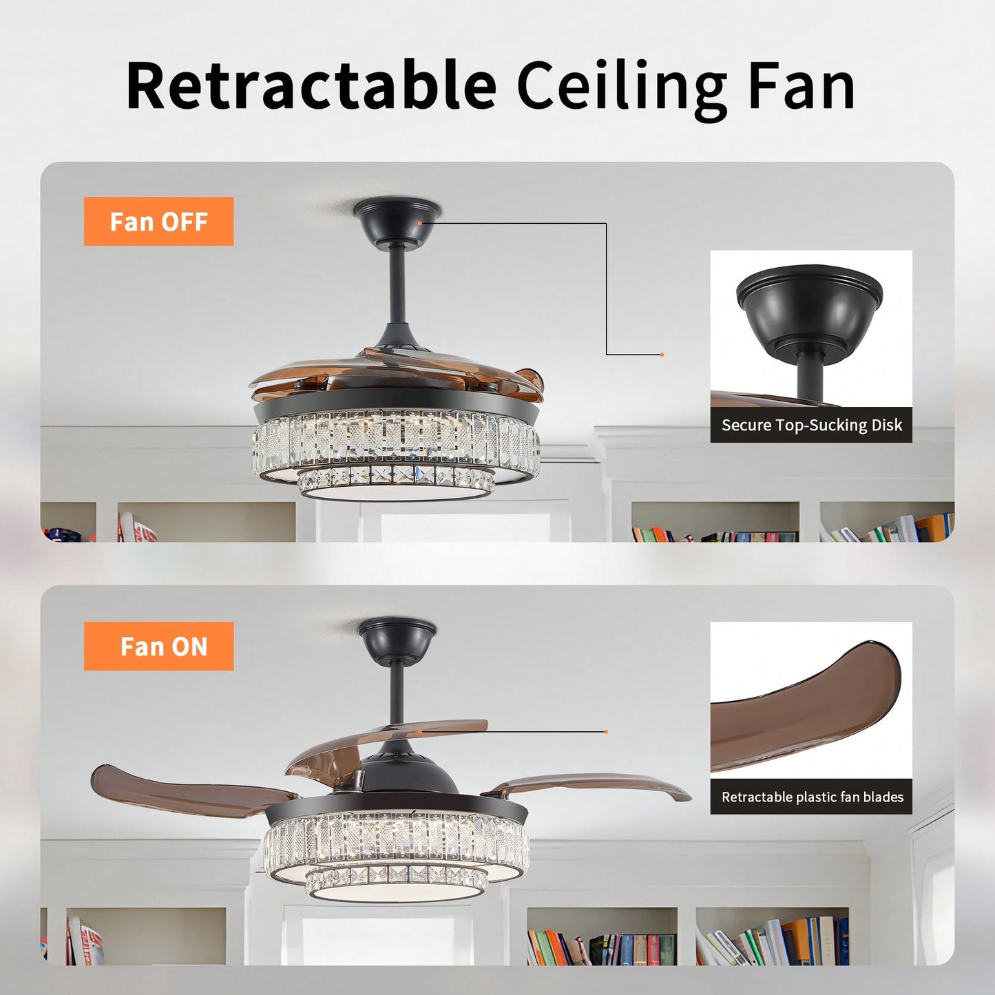 Modern LED Retractable Ceiling Fan With Remote Control - Quiet, Reversible Motor & 4 Blades For Kitchen, Bedroom, Dining Room, And Patio Use