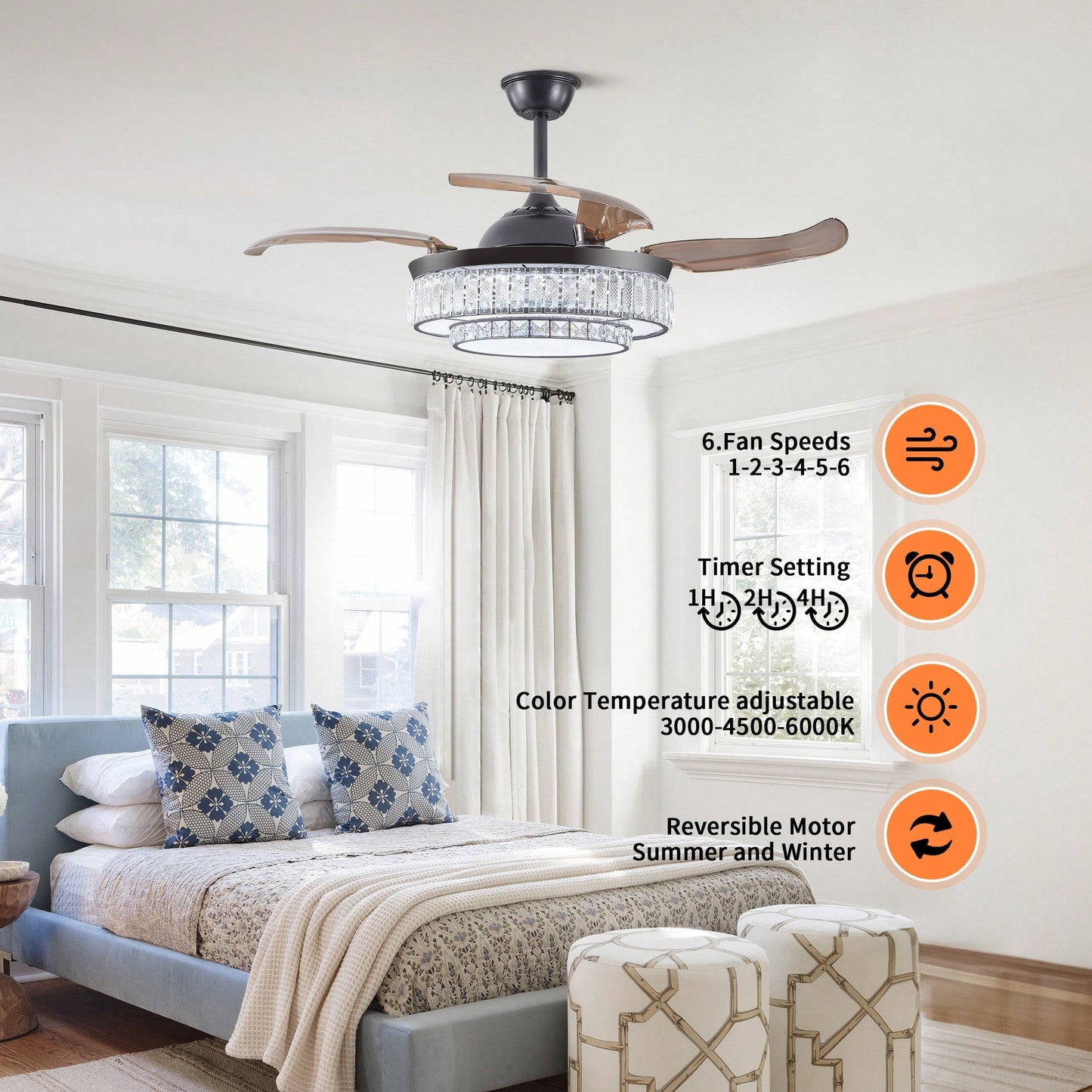 Modern LED Retractable Ceiling Fan With Remote Control - Quiet, Reversible Motor & 4 Blades For Kitchen, Bedroom, Dining Room, And Patio Use