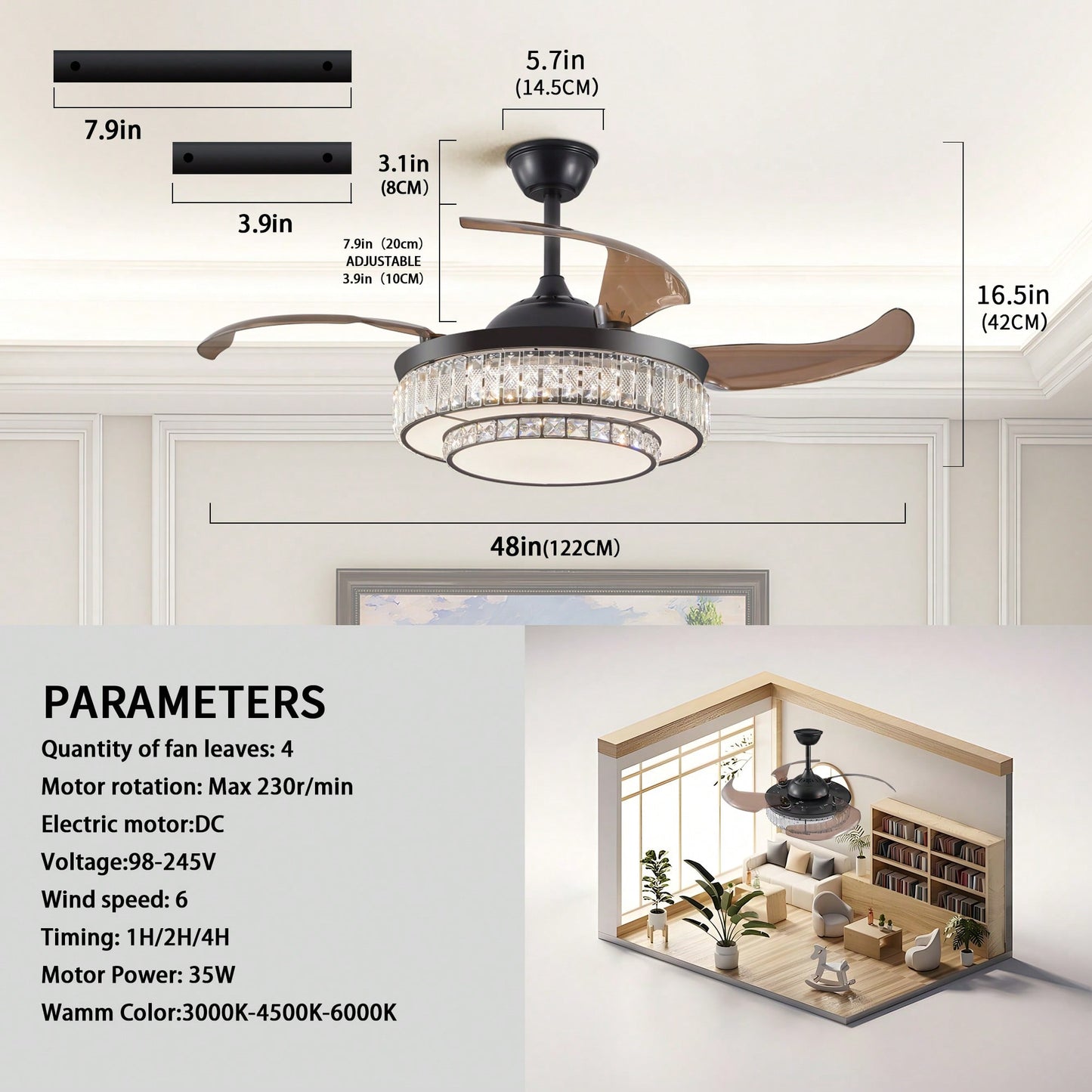 Modern LED Retractable Ceiling Fan With Remote Control - Quiet, Reversible Motor & 4 Blades For Kitchen, Bedroom, Dining Room, And Patio Use