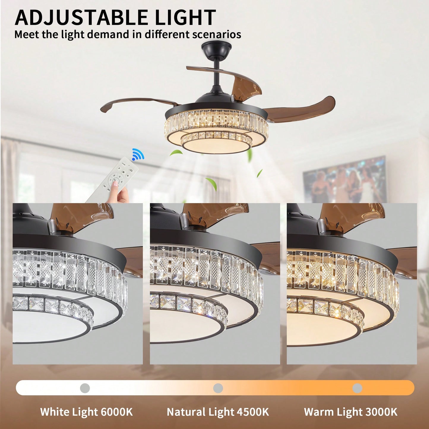 Modern LED Retractable Ceiling Fan With Remote Control - Quiet, Reversible Motor & 4 Blades For Kitchen, Bedroom, Dining Room, And Patio Use