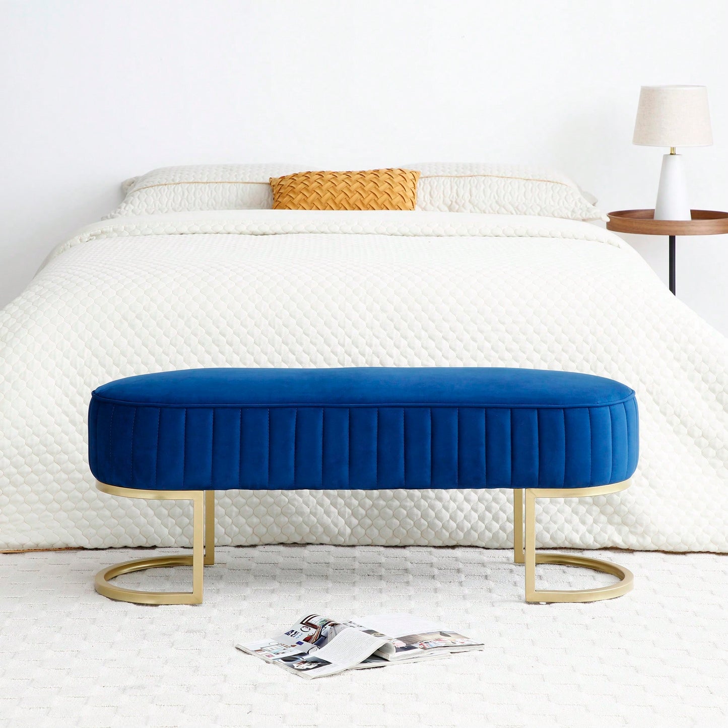 Chic Velvet Oval Upholstered Bench With Gold Metal Legs – 48" Modern Storage Ottoman For Bedroom, Living Room, Or Entryway - Beige