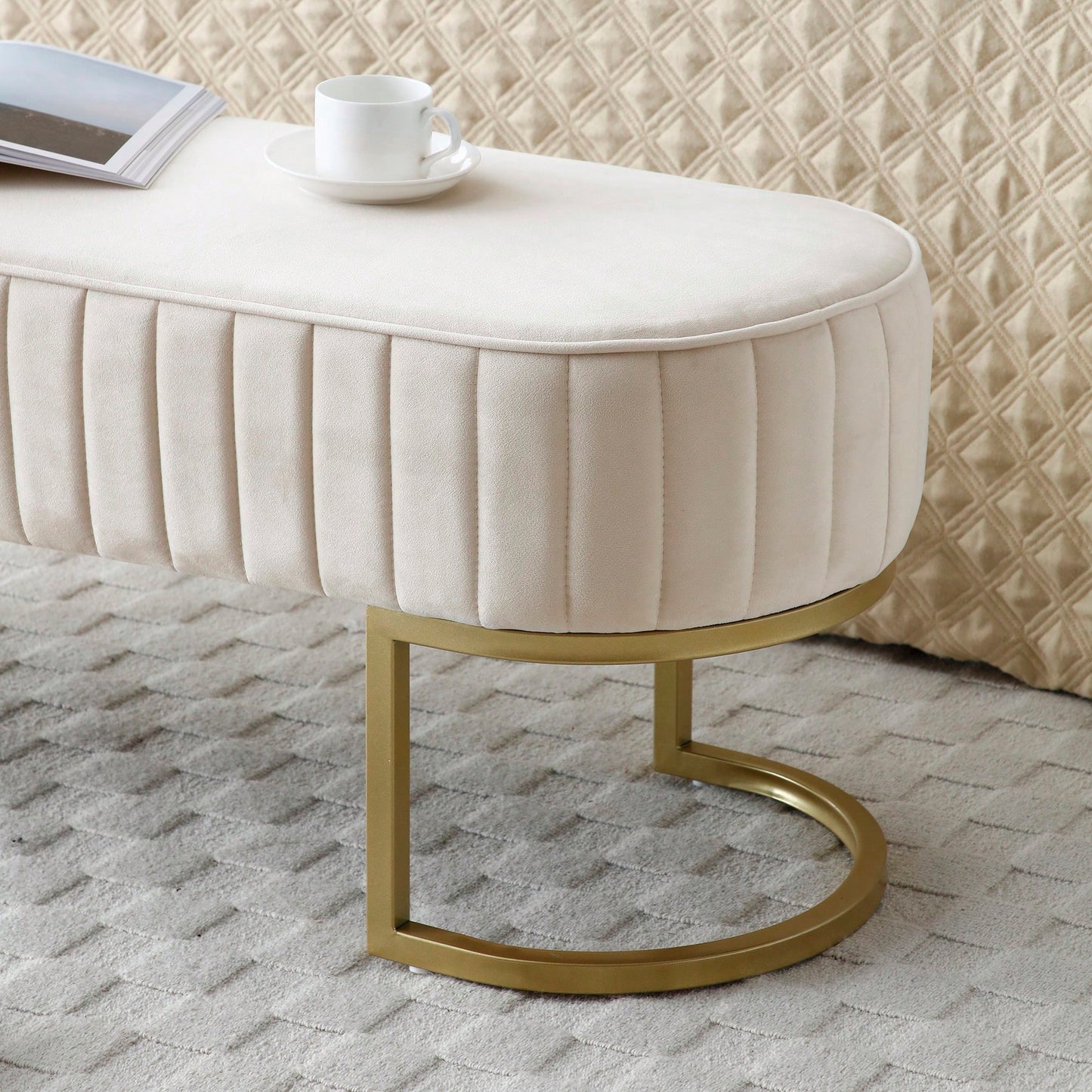 Chic Velvet Oval Upholstered Bench With Gold Metal Legs – 48" Modern Storage Ottoman For Bedroom, Living Room, Or Entryway - Beige