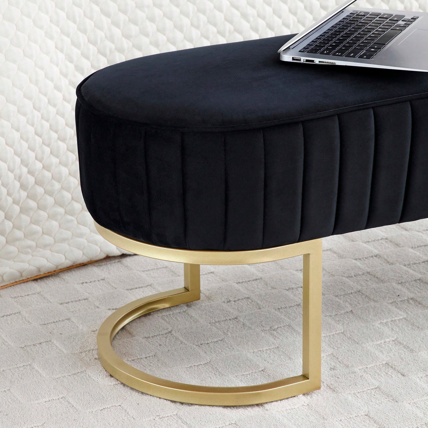 Chic Velvet Oval Upholstered Bench With Gold Metal Legs – 48" Modern Storage Ottoman For Bedroom, Living Room, Or Entryway - Beige