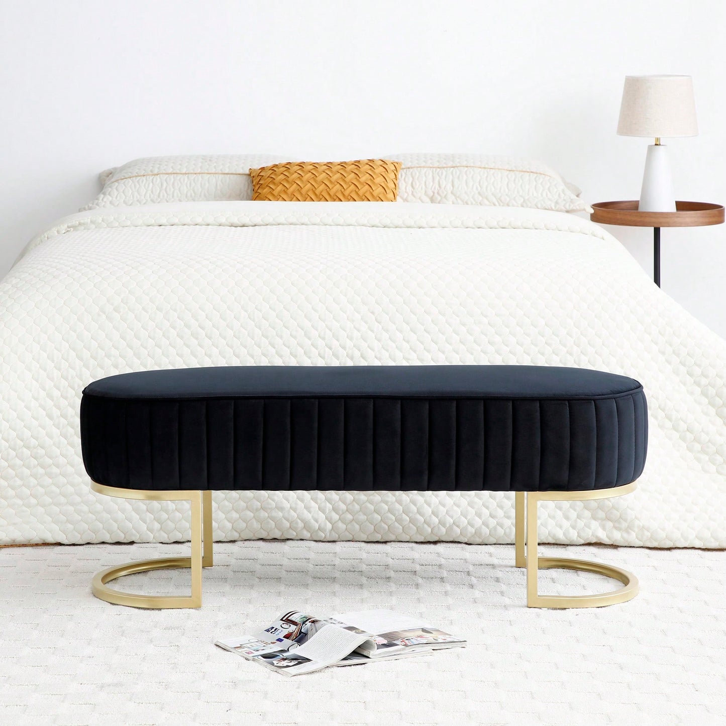 Chic Velvet Oval Upholstered Bench With Gold Metal Legs – 48" Modern Storage Ottoman For Bedroom, Living Room, Or Entryway - Beige