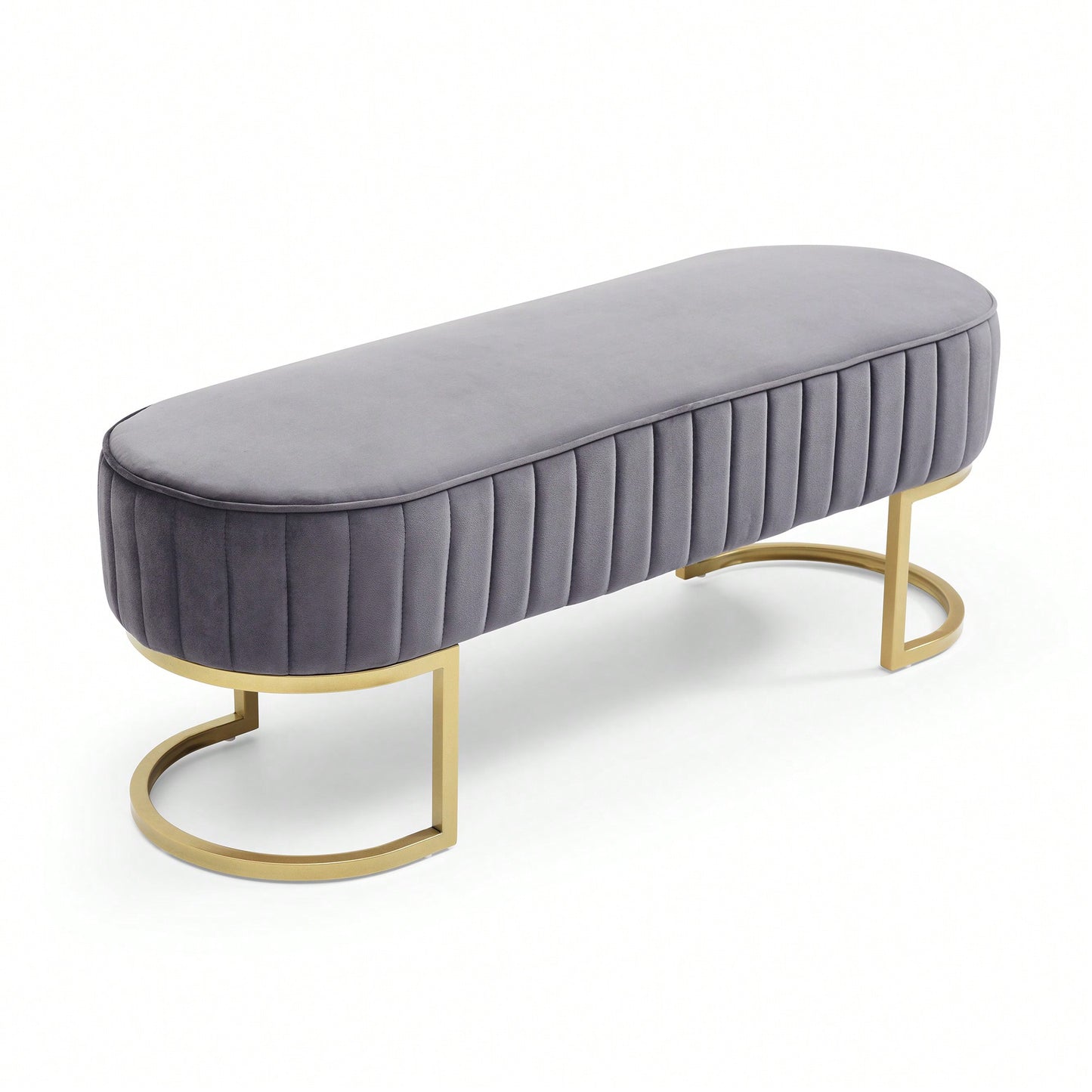 Chic Velvet Oval Upholstered Bench With Gold Metal Legs – 48" Modern Storage Ottoman For Bedroom, Living Room, Or Entryway - Beige